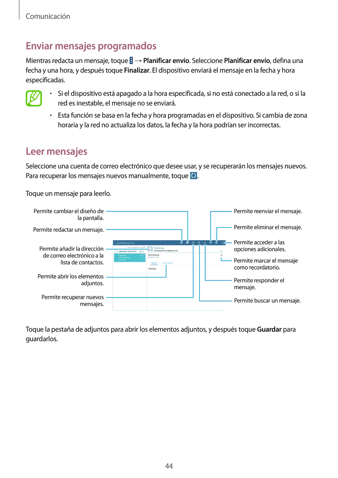 Samsung SM-T530NYKAPHE, SM-T530NYKATPH, SM-T530NZWATPH, SM-T530NYKADBT manual Enviar mensajes programados, Leer mensajes 