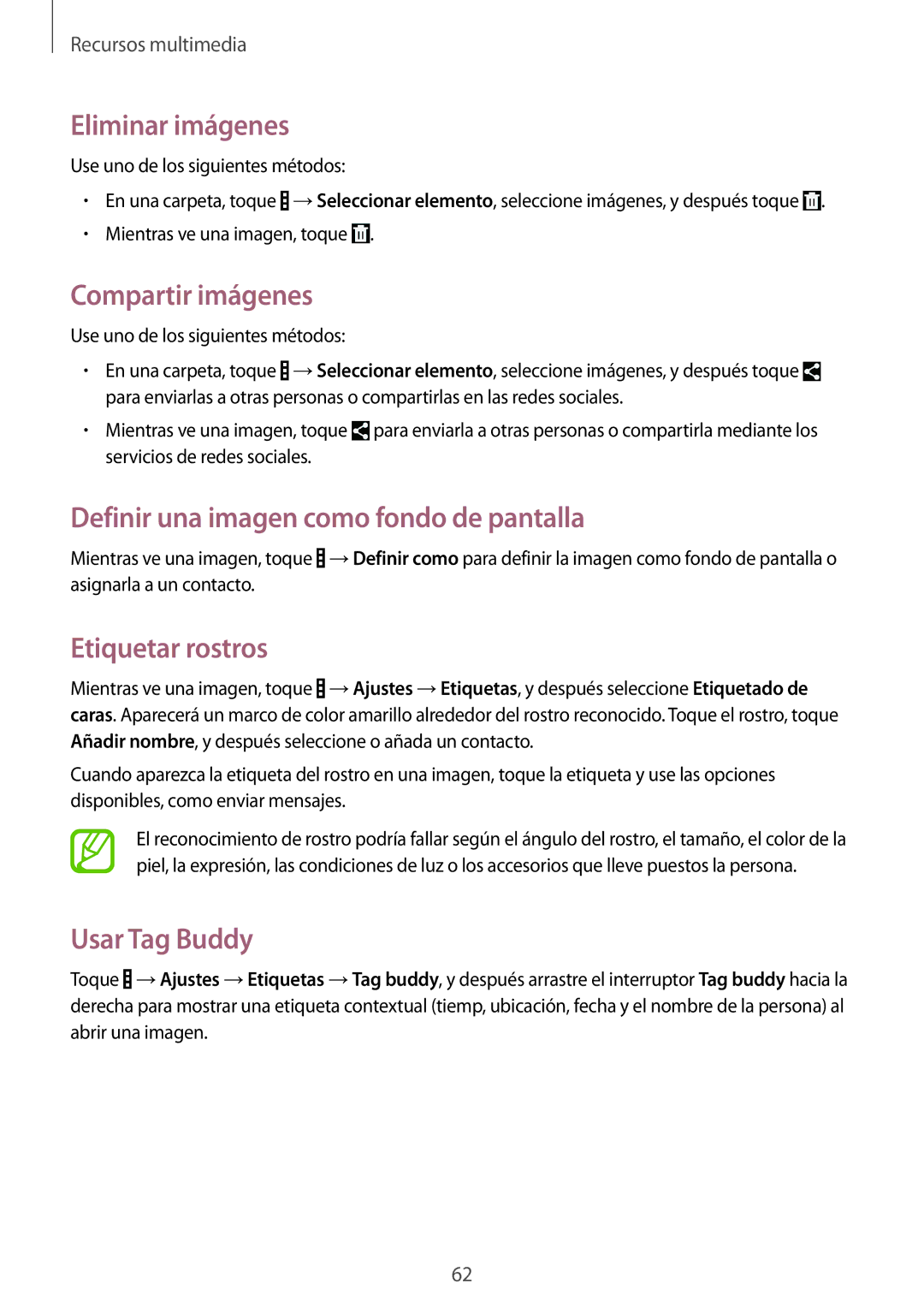 Samsung SM-T530NYKADBT Eliminar imágenes, Compartir imágenes, Definir una imagen como fondo de pantalla, Etiquetar rostros 