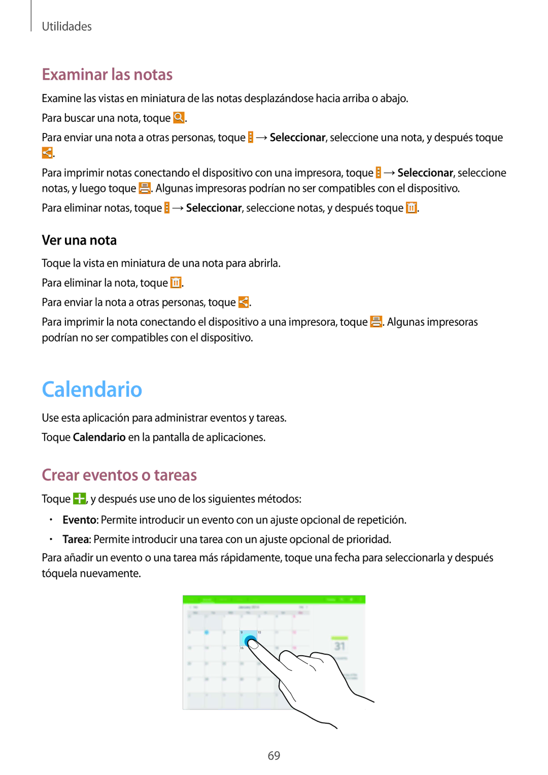 Samsung SM-T530NZWABTU, SM-T530NYKATPH, SM-T530NZWATPH Calendario, Examinar las notas, Crear eventos o tareas, Ver una nota 