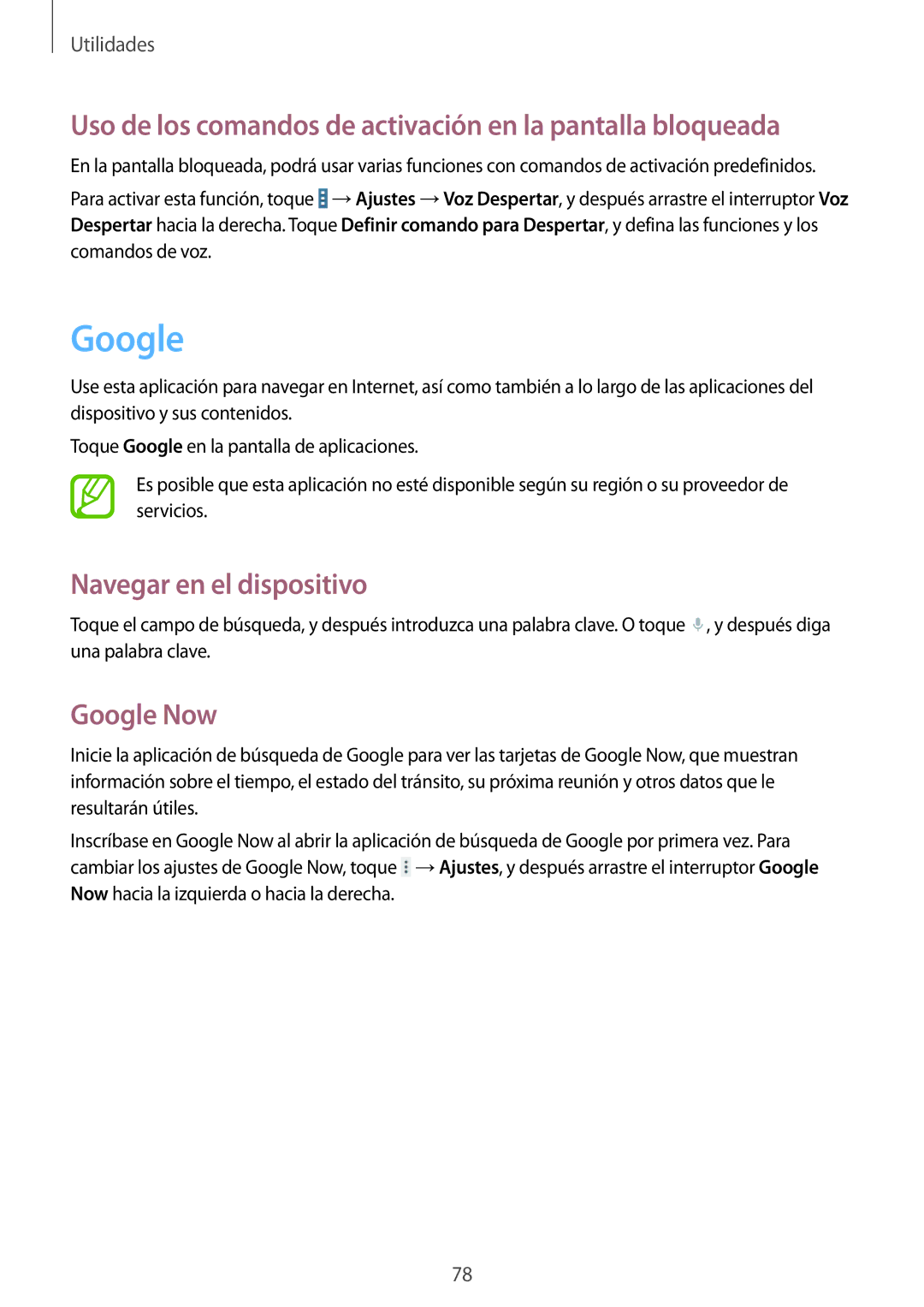 Samsung SM-T530NZWAXEO manual Google, Uso de los comandos de activación en la pantalla bloqueada, Navegar en el dispositivo 