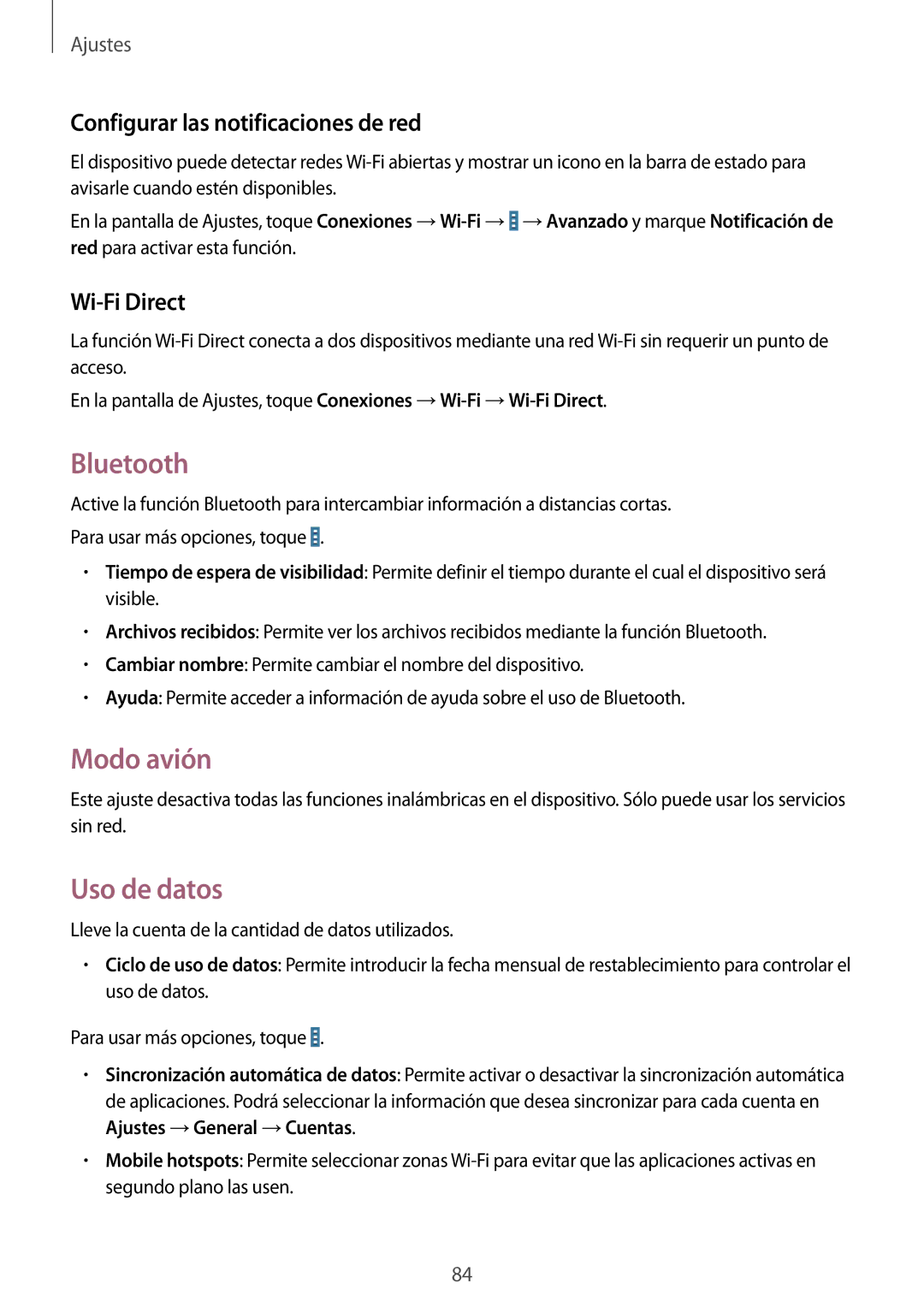 Samsung SM-T530NZWABTU manual Bluetooth, Modo avión, Uso de datos, Configurar las notificaciones de red, Wi-Fi Direct 