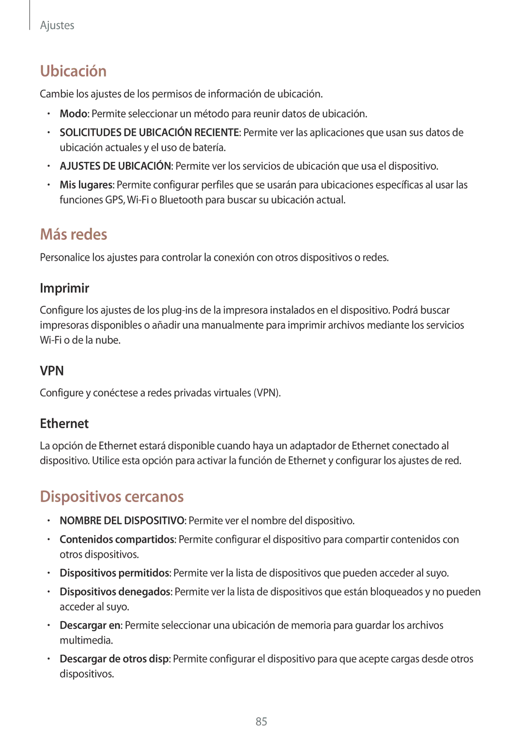 Samsung SM-T530NYKAXEZ, SM-T530NYKATPH, SM-T530NZWATPH manual Ubicación, Más redes, Dispositivos cercanos, Imprimir, Ethernet 