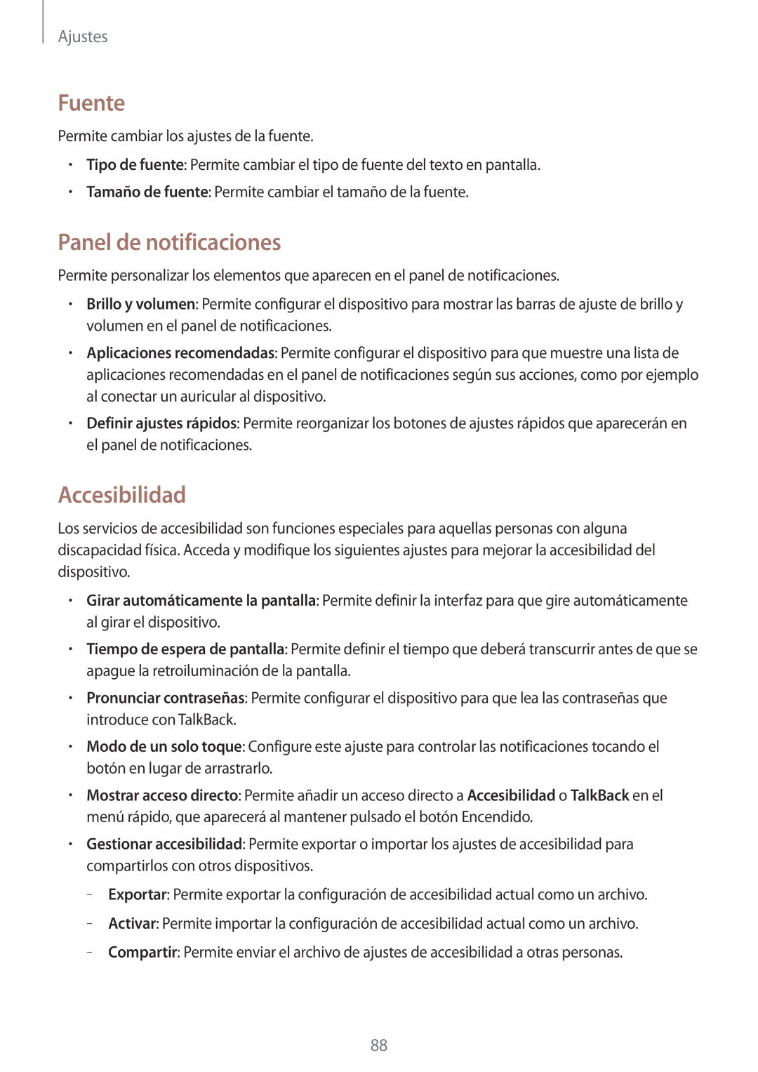 Samsung SM-T530NZWAXEZ, SM-T530NYKATPH, SM-T530NZWATPH, SM-T530NYKADBT manual Fuente, Panel de notificaciones, Accesibilidad 