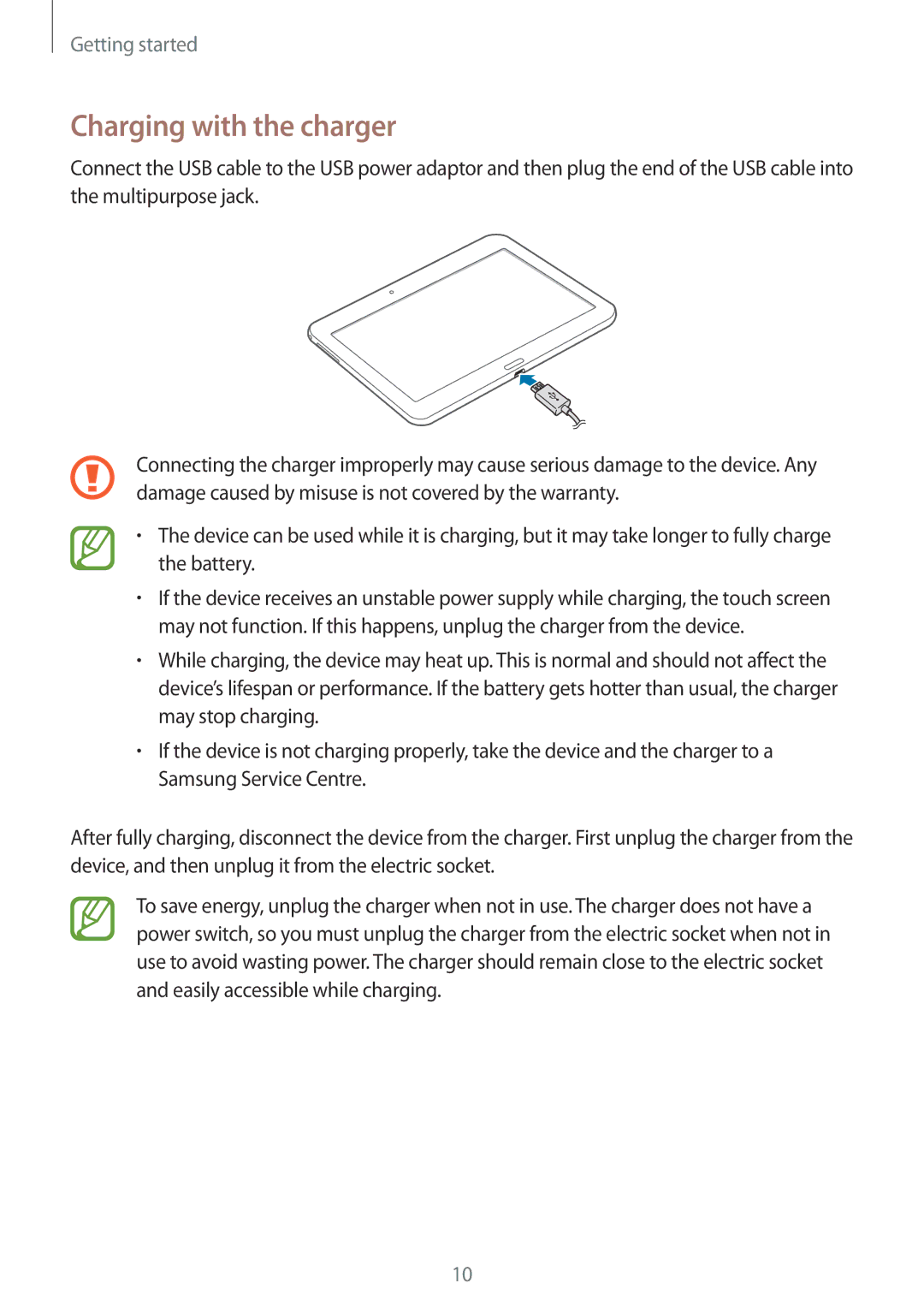 Samsung SM-T530NYKASEB, SM-T530NYKATPH, SM-T530NZWATPH, SM-T530NZWEDBT, SM-T530NZWAATO manual Charging with the charger 