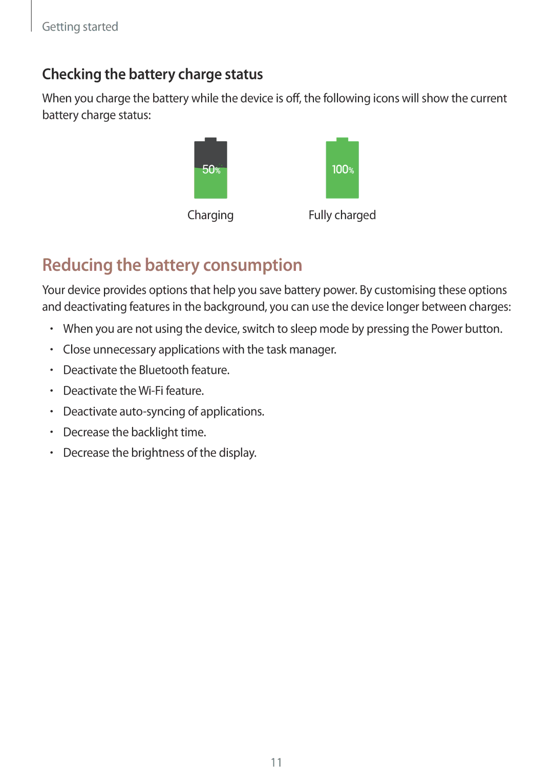 Samsung SM-T530NYKAATO, SM-T530NYKATPH, SM-T530NZWATPH Reducing the battery consumption, Checking the battery charge status 