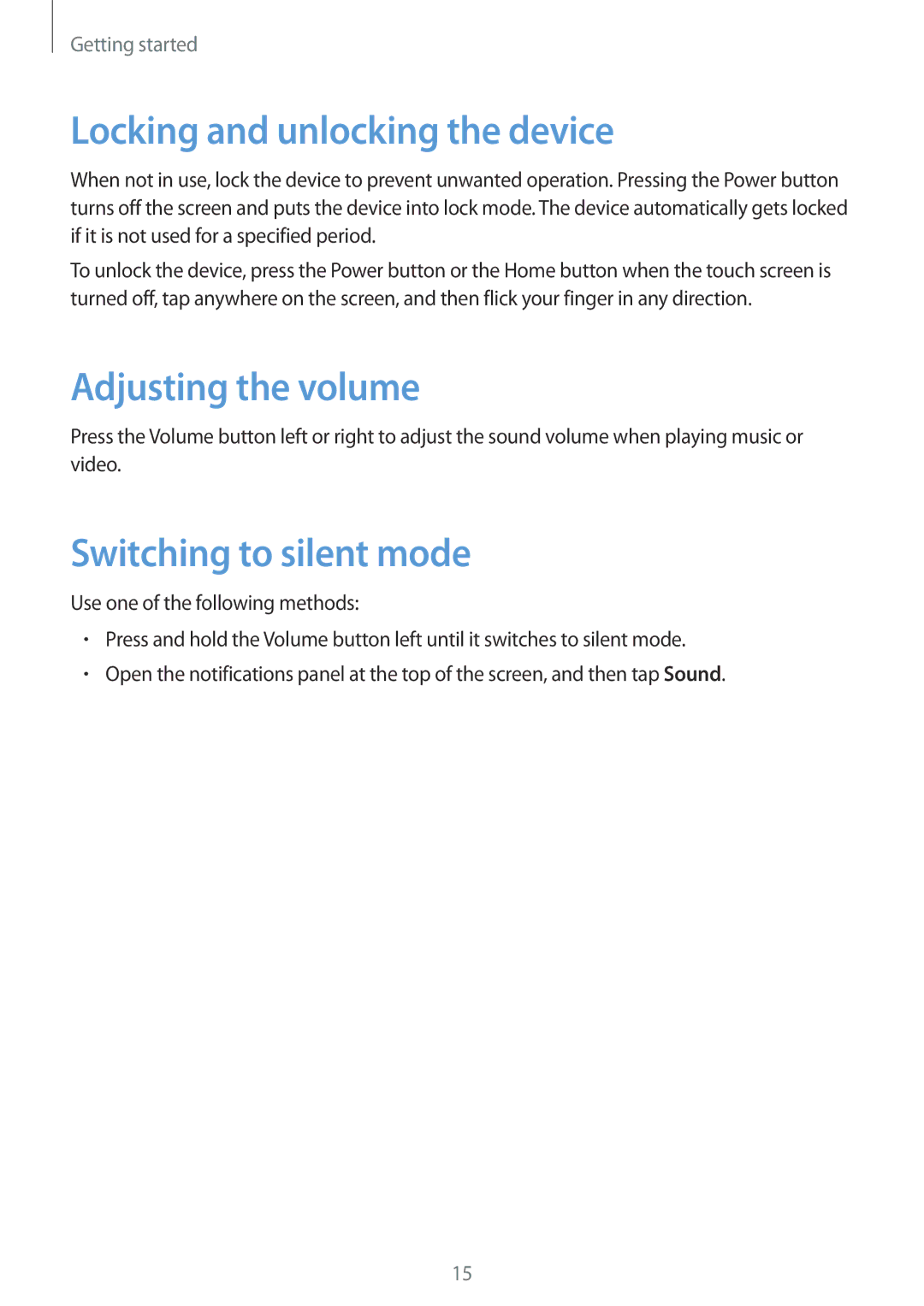 Samsung SM-T530NZWEXEF, SM-T530NYKATPH Locking and unlocking the device, Adjusting the volume, Switching to silent mode 