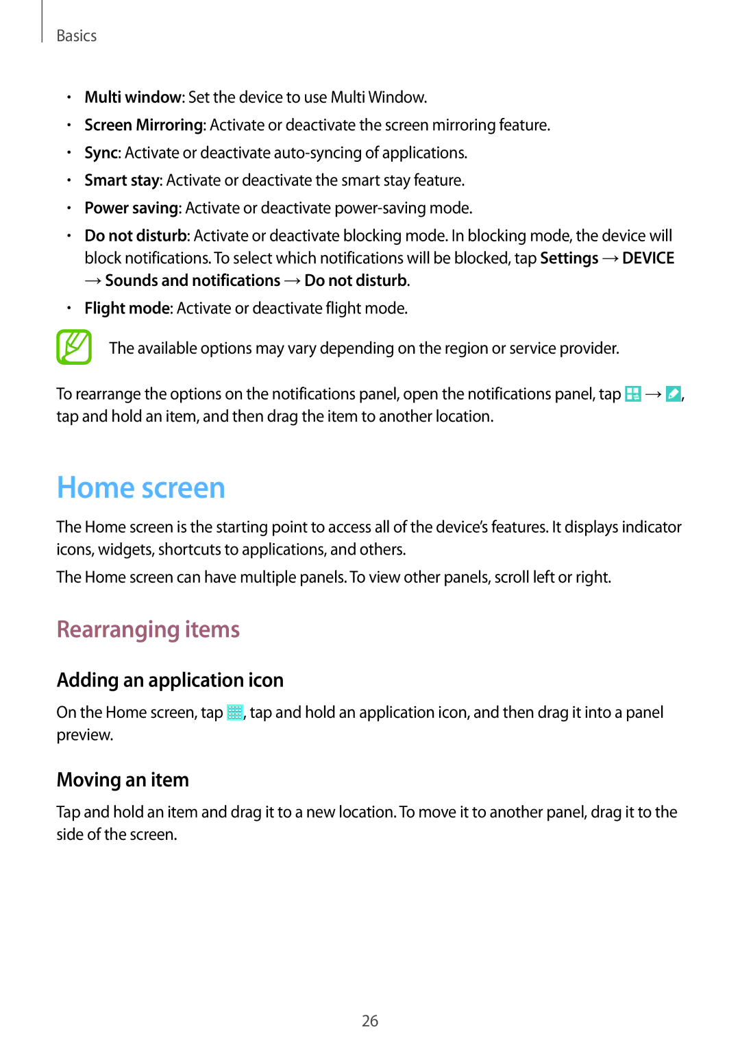 Samsung SM-T530NZWAXEZ, SM-T530NYKATPH manual Home screen, Rearranging items, Adding an application icon, Moving an item 