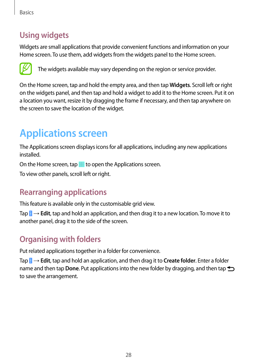 Samsung SM-T530NZWABGL manual Applications screen, Using widgets, Rearranging applications, Organising with folders 