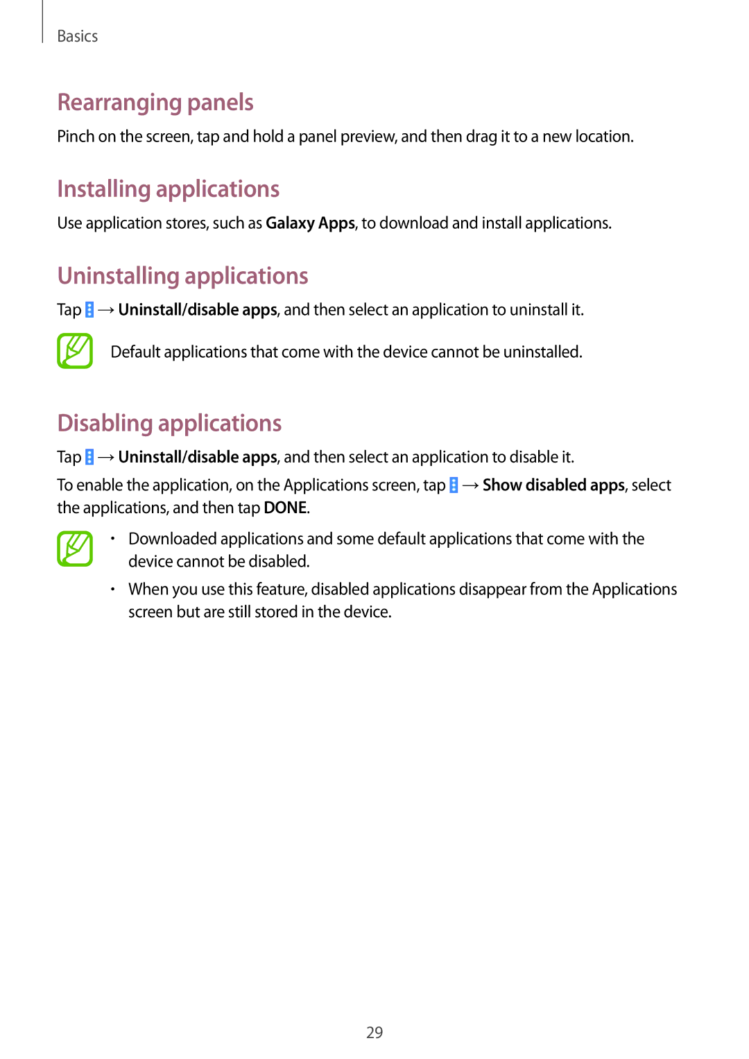 Samsung SM-T530NYKABGL, SM-T530NYKATPH manual Installing applications, Uninstalling applications, Disabling applications 