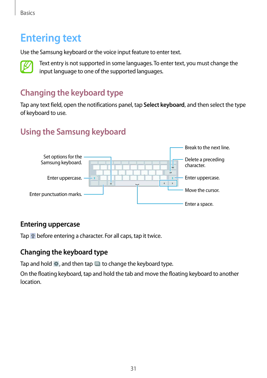 Samsung SM-T530NYKAXEH, SM-T530NYKATPH, SM-T530NZWATPH manual Entering text, Changing the keyboard type, Entering uppercase 