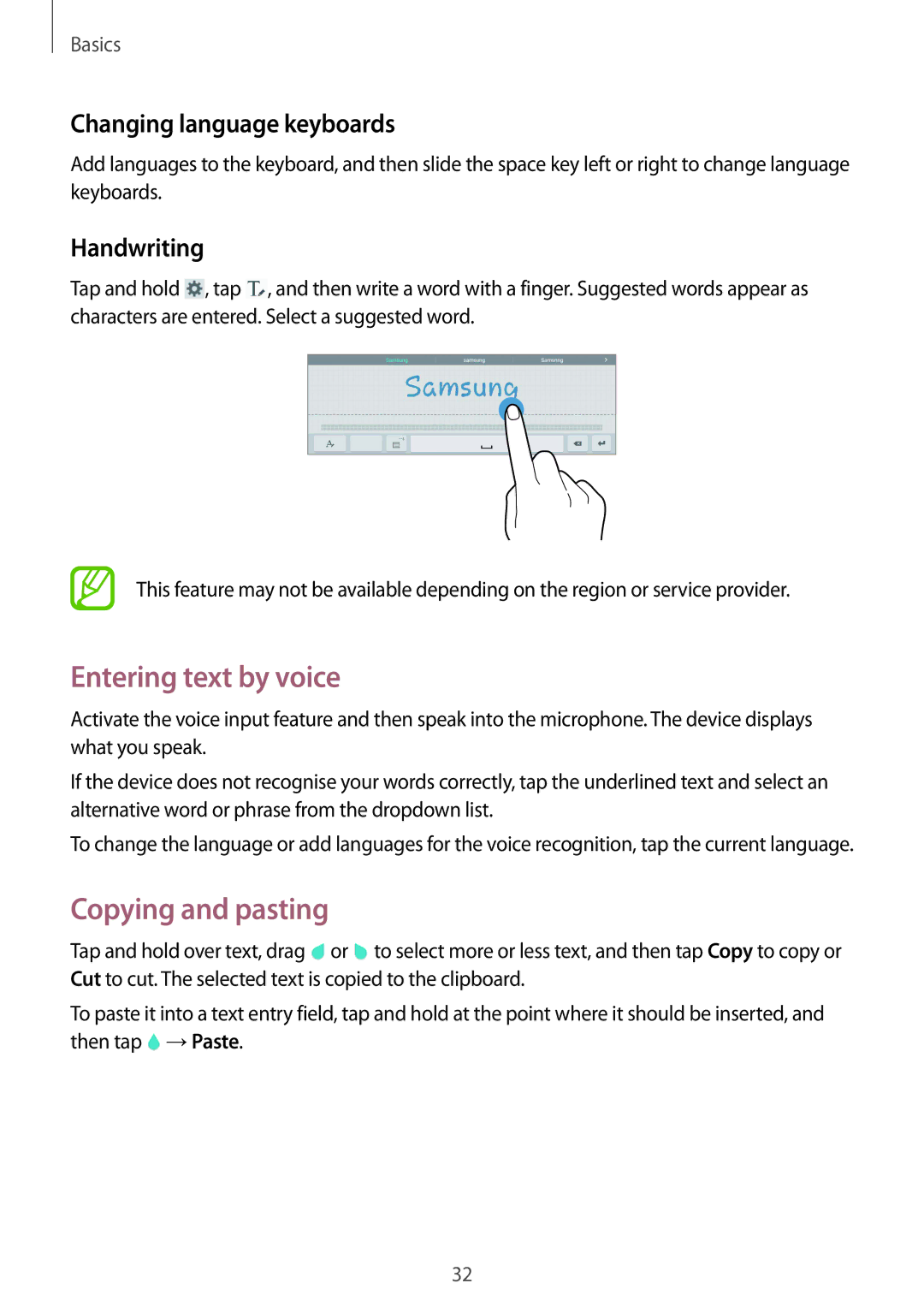 Samsung SM-T530NZWAXSK manual Entering text by voice, Copying and pasting, Changing language keyboards, Handwriting 