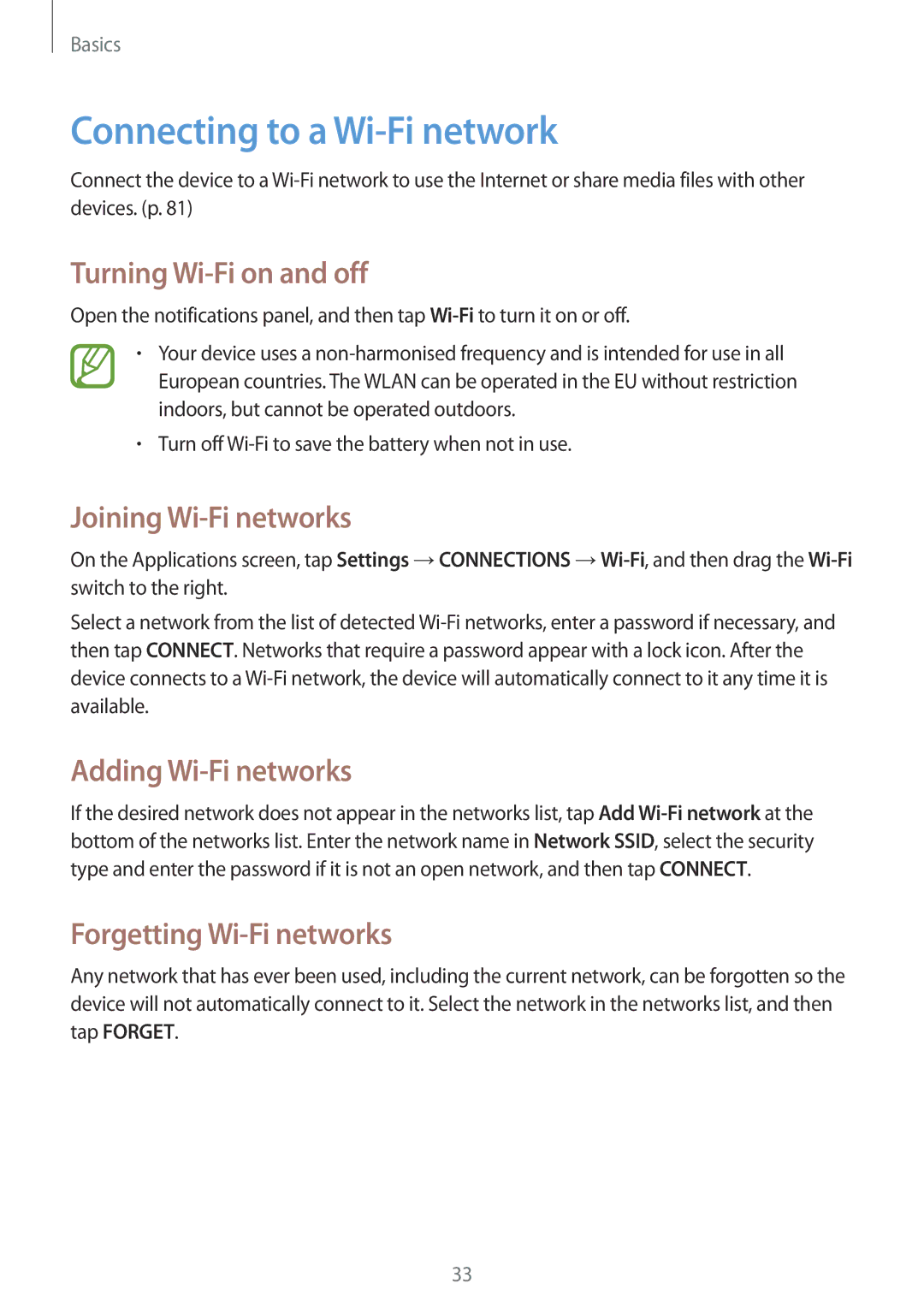 Samsung SM-T530NYKENEE, SM-T530NYKATPH Connecting to a Wi-Fi network, Turning Wi-Fi on and off, Joining Wi-Fi networks 