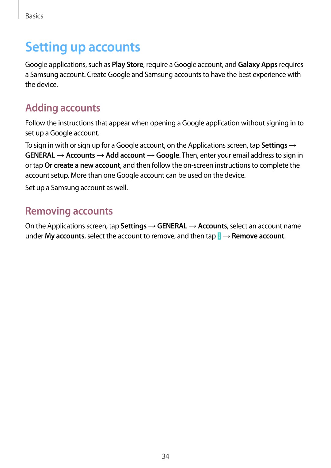 Samsung SM-T530NZWANEE, SM-T530NYKATPH, SM-T530NZWATPH manual Setting up accounts, Adding accounts, Removing accounts 