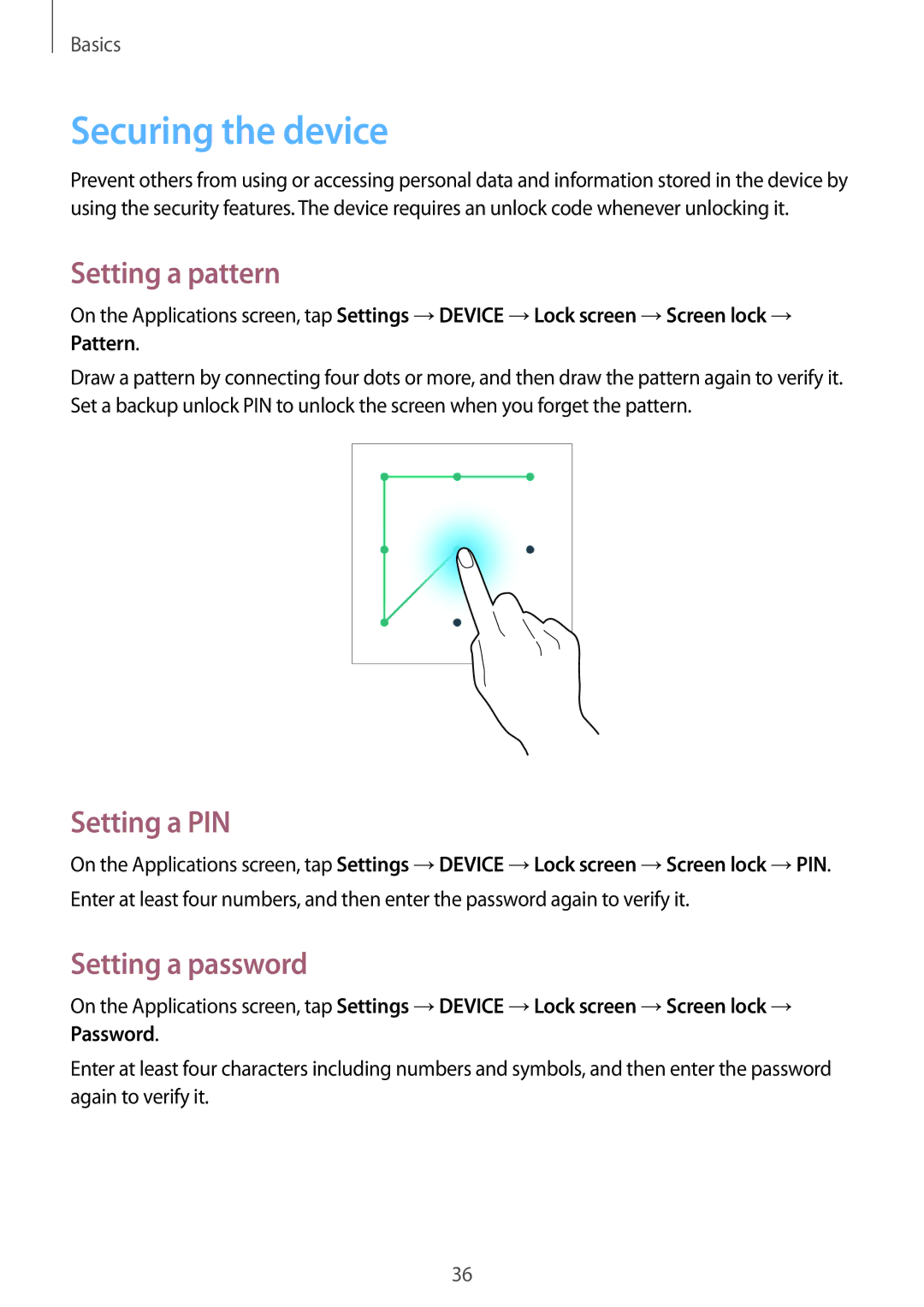 Samsung SM-T530NYKANEE, SM-T530NYKATPH manual Securing the device, Setting a pattern, Setting a PIN, Setting a password 