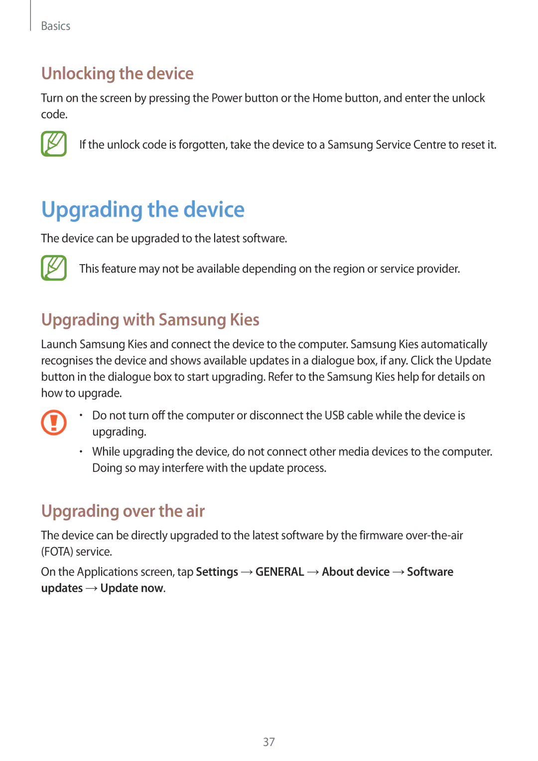 Samsung SM-T530NYKASER Upgrading the device, Unlocking the device, Upgrading with Samsung Kies, Upgrading over the air 