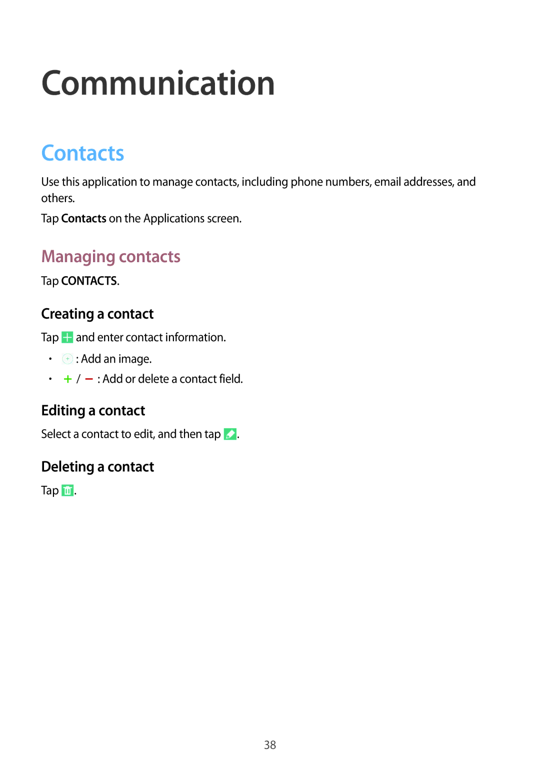 Samsung SM-T530NZWASER, SM-T530NYKATPH, SM-T530NZWATPH, SM-T530NZWEDBT manual Communication, Contacts, Managing contacts 