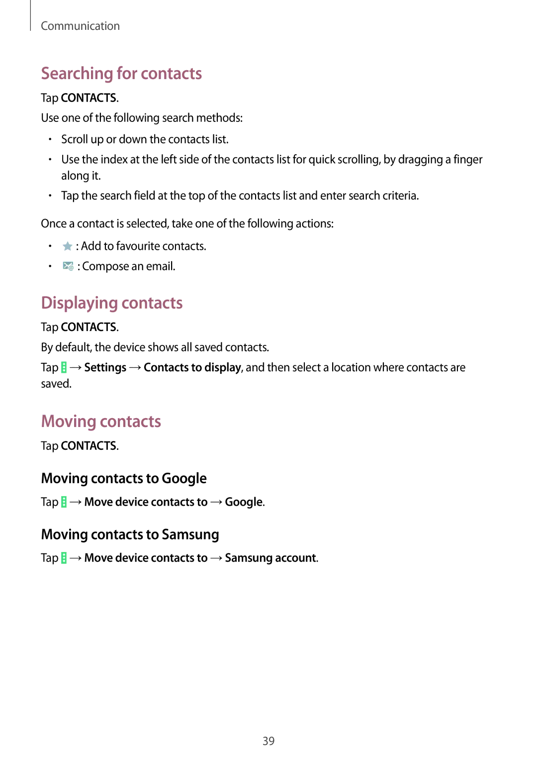 Samsung SM-T530NYKATPH, SM-T530NZWATPH manual Searching for contacts, Displaying contacts, Moving contacts to Google 