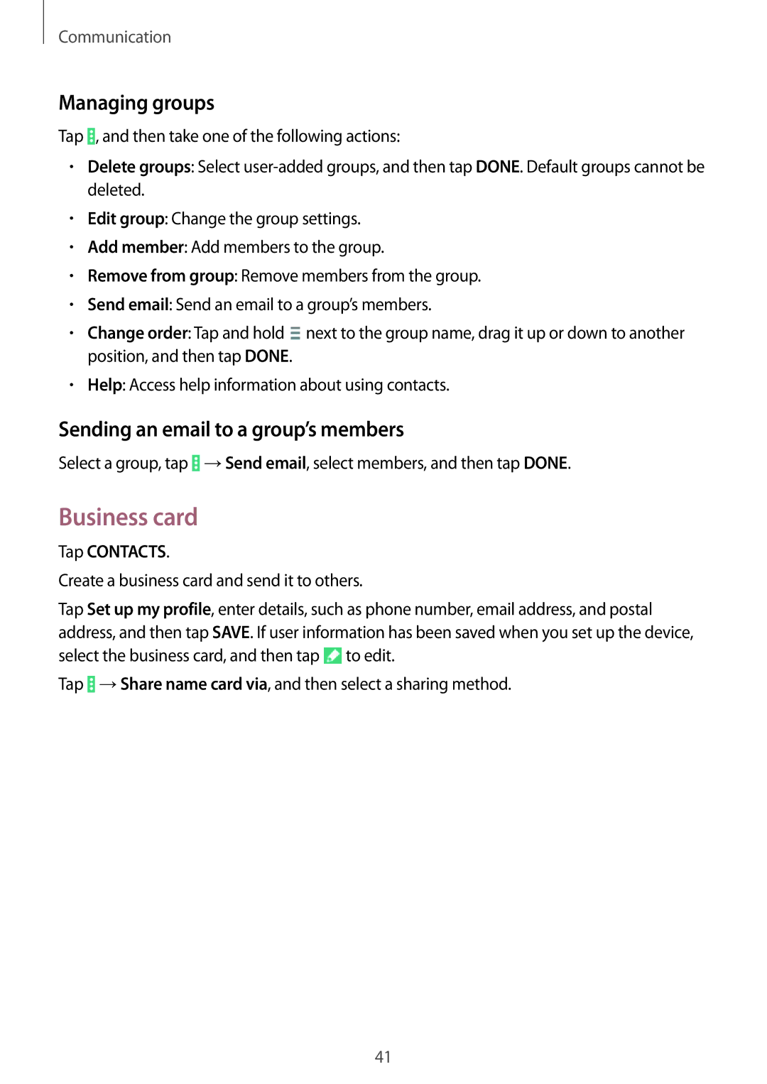 Samsung SM-T530NZWEDBT, SM-T530NYKATPH manual Business card, Managing groups, Sending an email to a group’s members 