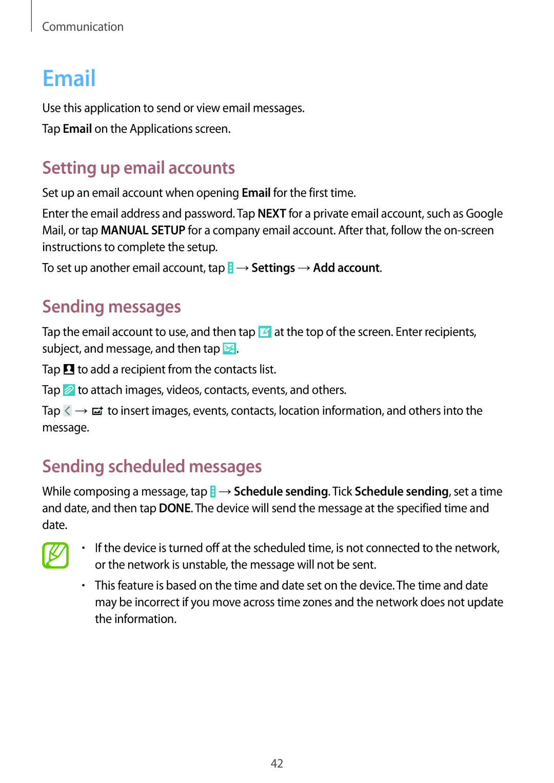 Samsung SM-T530NZWAATO, SM-T530NYKATPH manual Setting up email accounts, Sending messages, Sending scheduled messages 