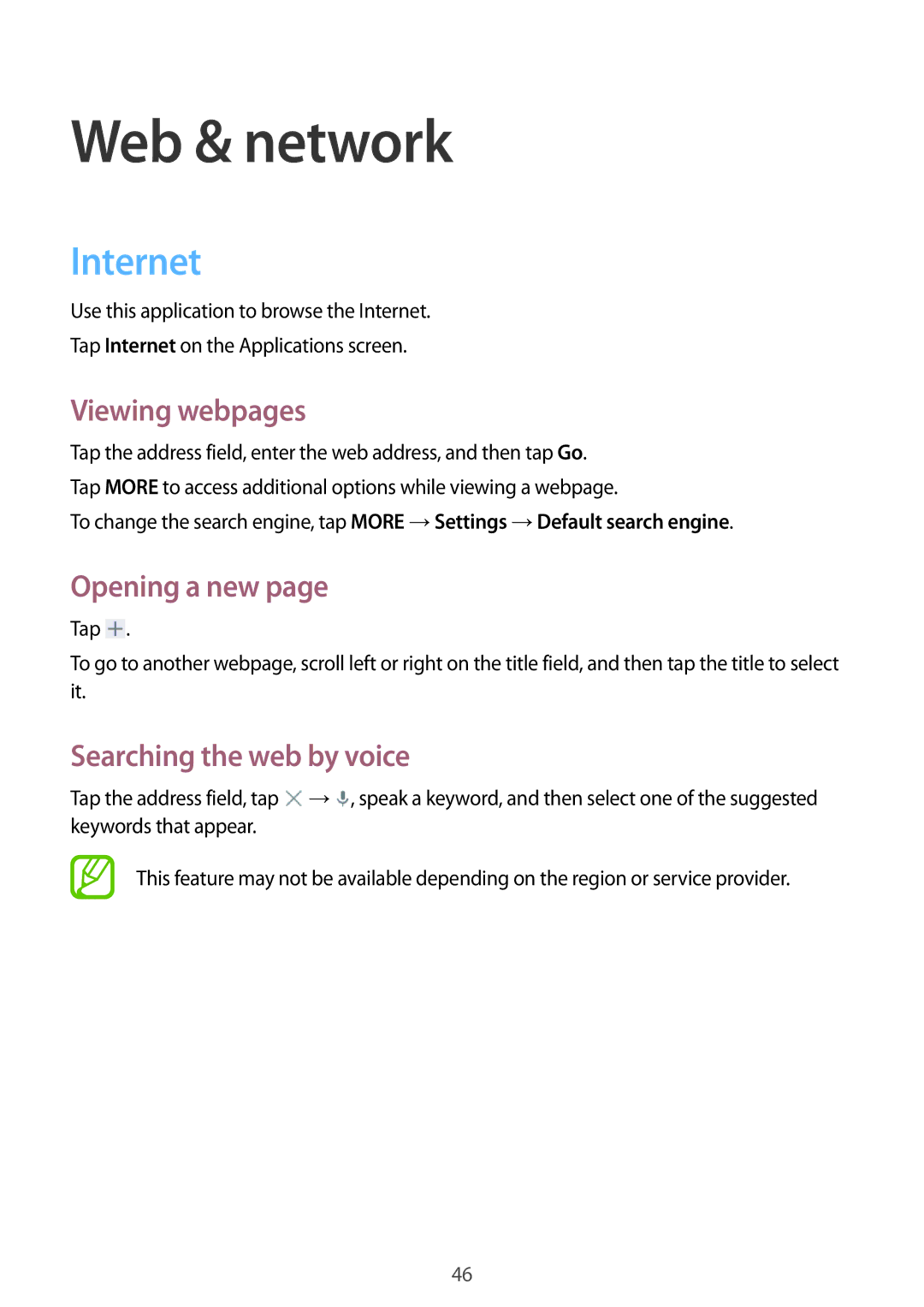 Samsung SM-T530NYKATUR manual Web & network, Internet, Viewing webpages, Opening a new, Searching the web by voice 