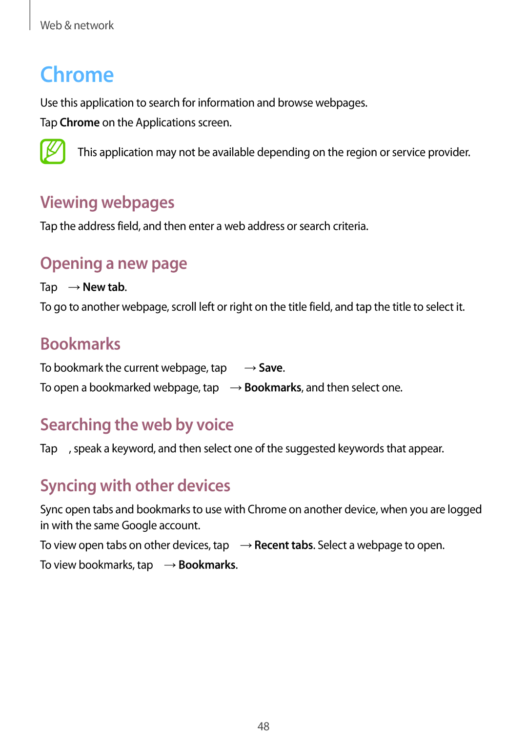 Samsung SM-T530NZWAEUR, SM-T530NYKATPH, SM-T530NZWATPH manual Chrome, Syncing with other devices, Tap →New tab, →Save 