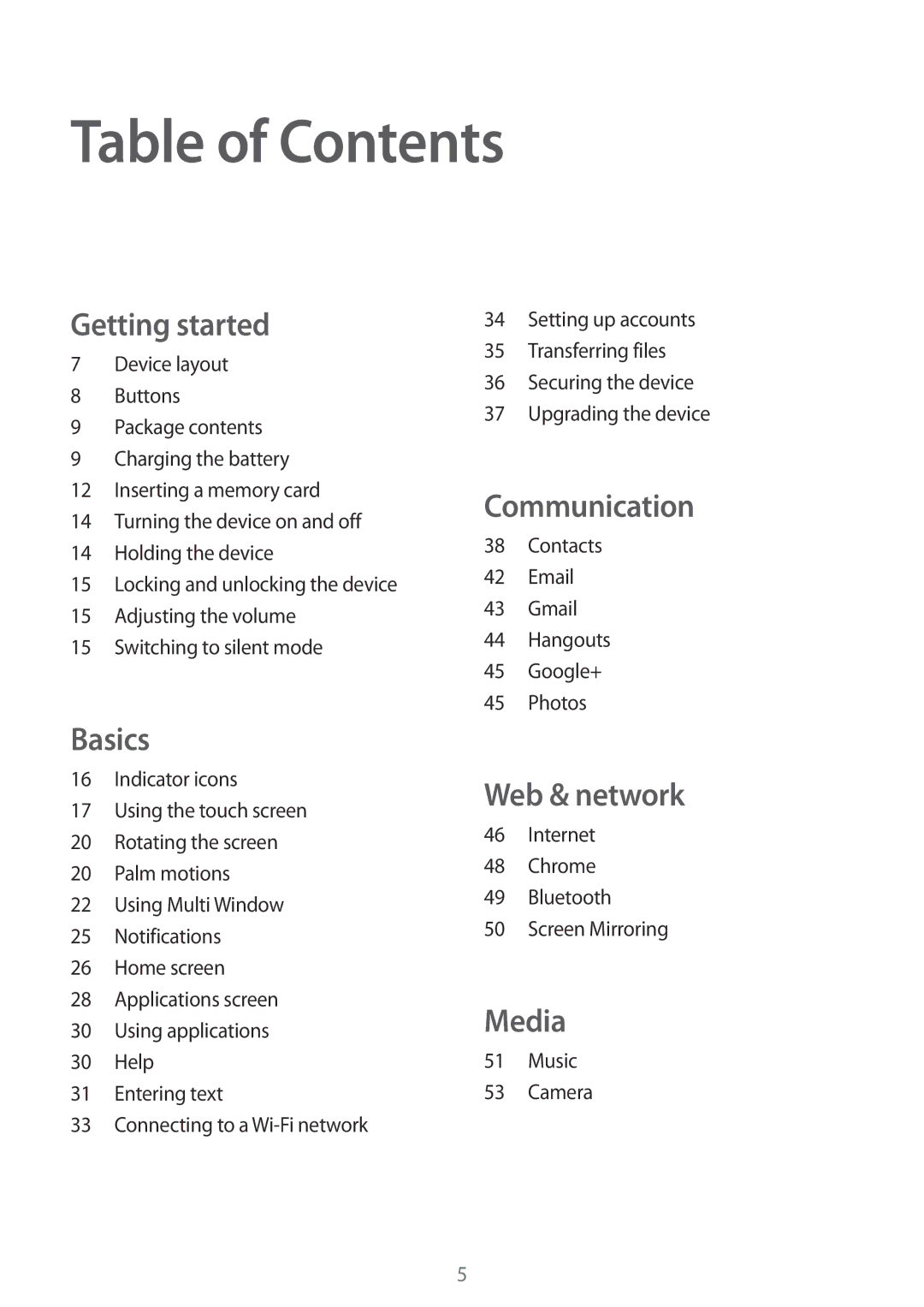 Samsung SM-T530NYKADBT, SM-T530NYKATPH, SM-T530NZWATPH, SM-T530NZWEDBT, SM-T530NZWAATO, SM-T530NYKEDBT manual Table of Contents 