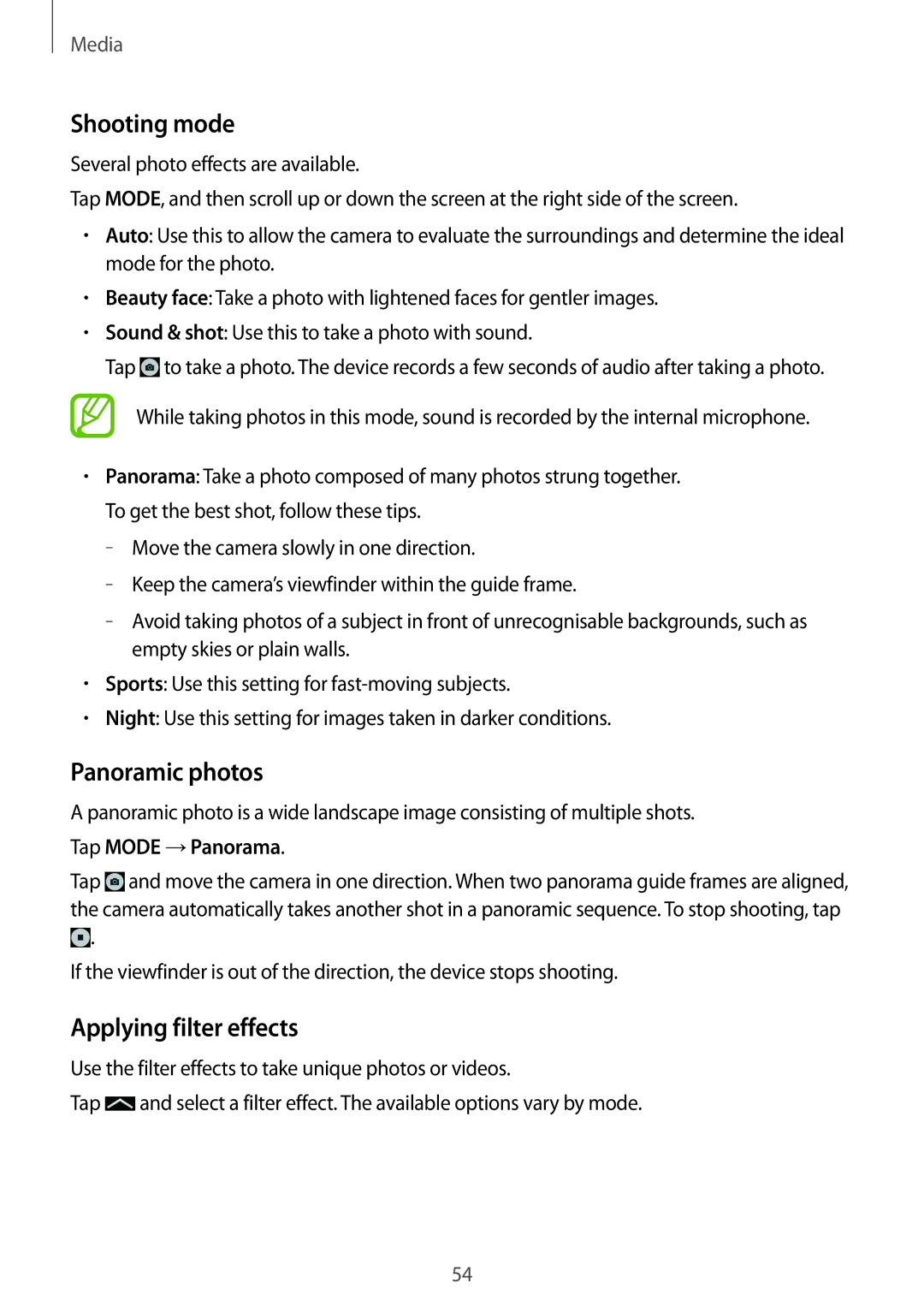 Samsung SM-T530NZWEXEF, SM-T530NYKATPH, SM-T530NZWATPH manual Shooting mode, Panoramic photos, Applying filter effects 