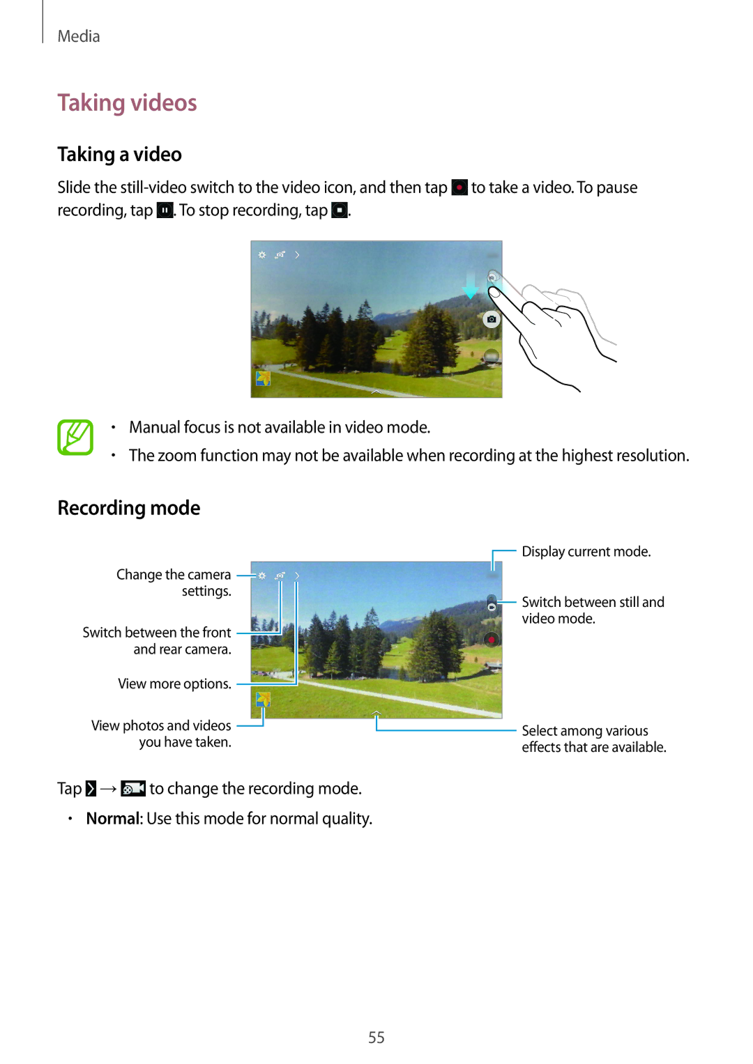 Samsung SM-T530NZWAXEF, SM-T530NYKATPH, SM-T530NZWATPH, SM-T530NZWEDBT manual Taking videos, Taking a video, Recording mode 