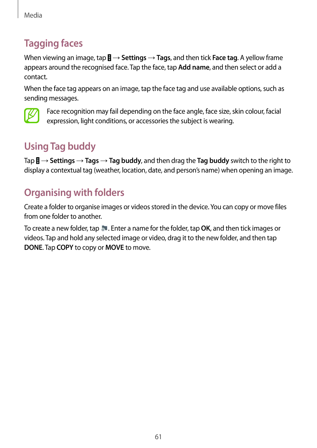 Samsung SM-T530NZWABTU, SM-T530NYKATPH, SM-T530NZWATPH, SM-T530NZWEDBT, SM-T530NZWAATO manual Tagging faces, Using Tag buddy 