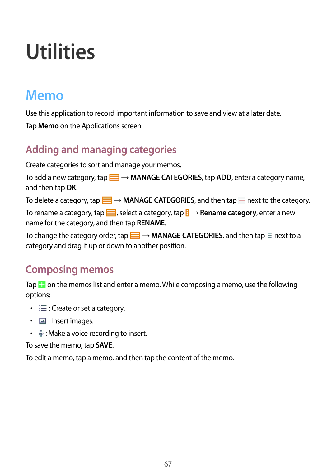 Samsung SM-T530NZWABGL, SM-T530NYKATPH, SM-T530NZWATPH Utilities, Memo, Adding and managing categories, Composing memos 