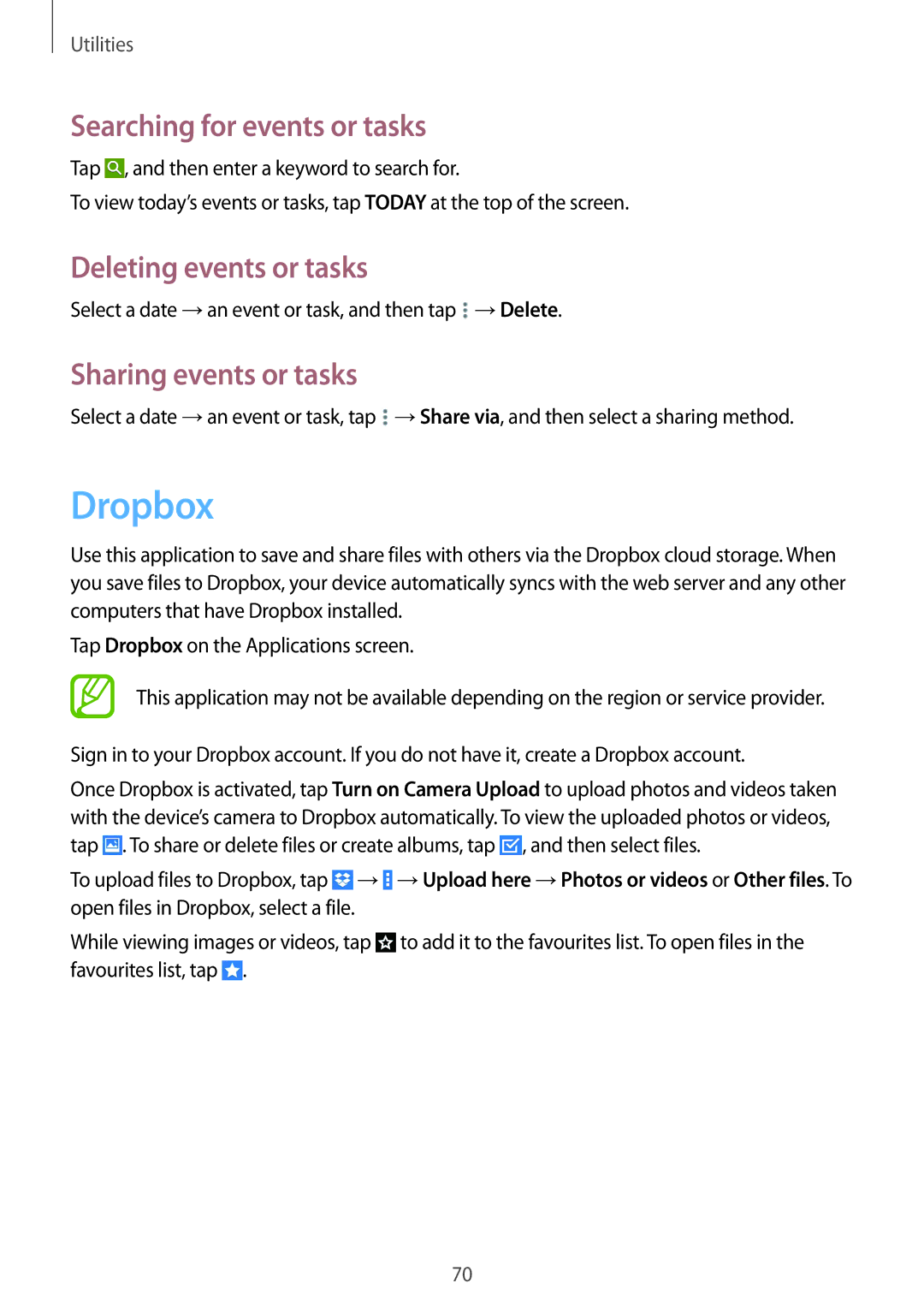 Samsung SM-T530NYKAXEH manual Dropbox, Searching for events or tasks, Deleting events or tasks, Sharing events or tasks 