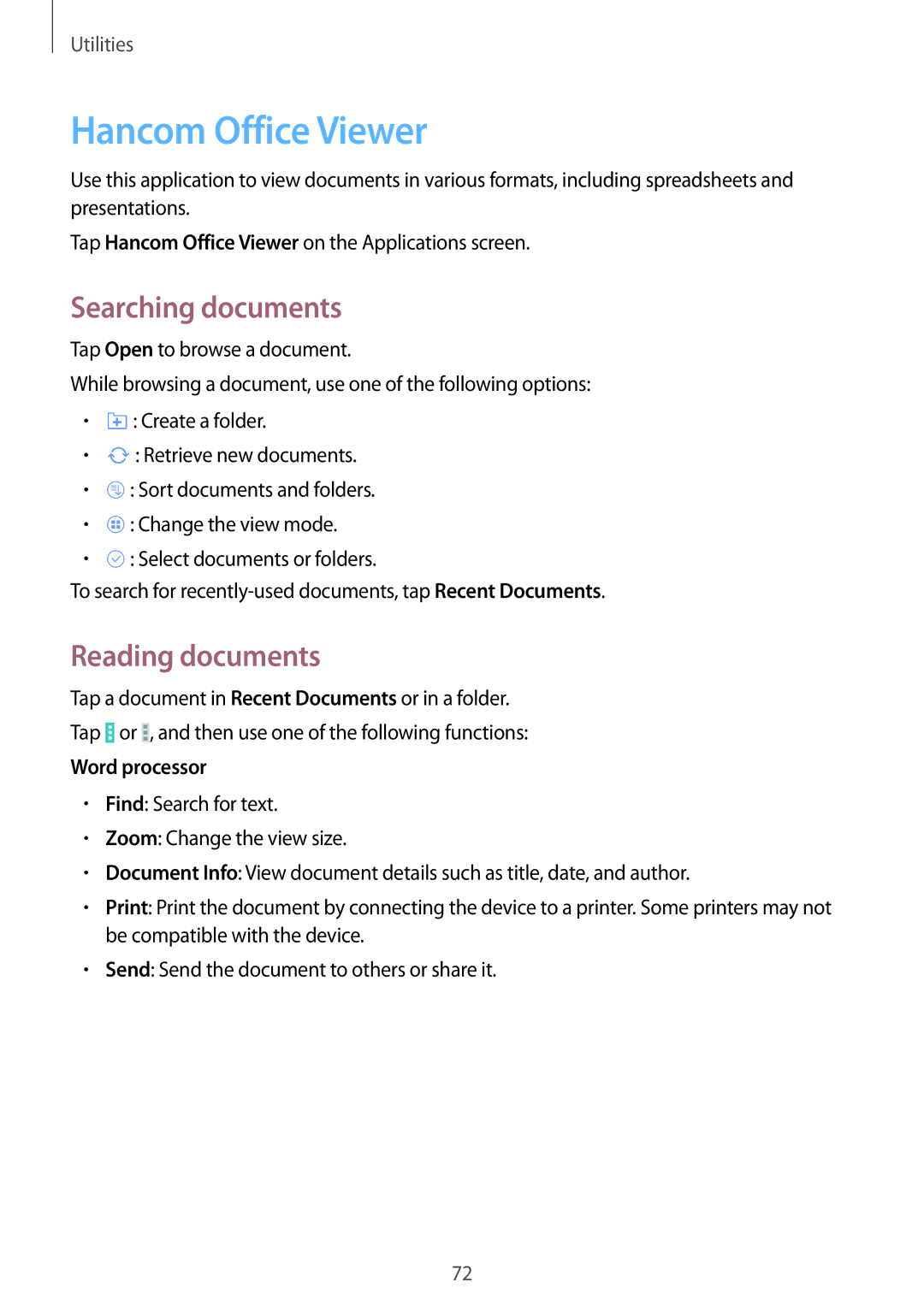 Samsung SM-T530NYKENEE, SM-T530NYKATPH manual Hancom Office Viewer, Searching documents, Reading documents, Word processor 