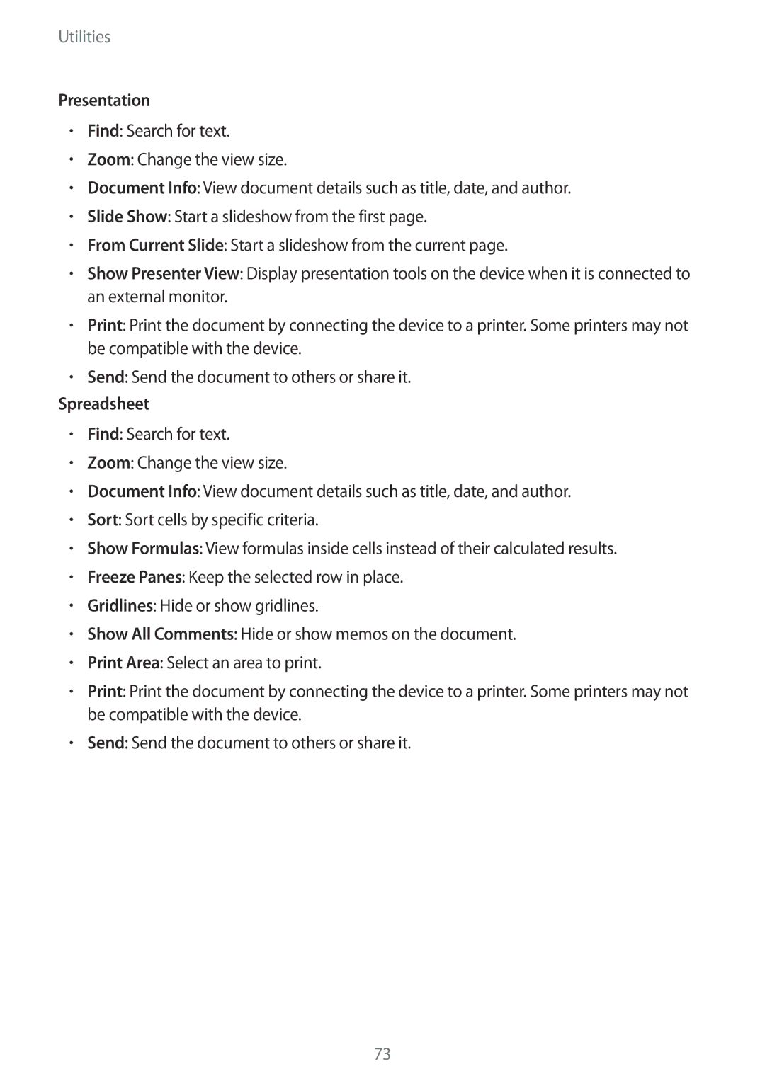 Samsung SM-T530NZWANEE, SM-T530NYKATPH, SM-T530NZWATPH, SM-T530NZWEDBT, SM-T530NZWAATO manual Presentation, Spreadsheet 