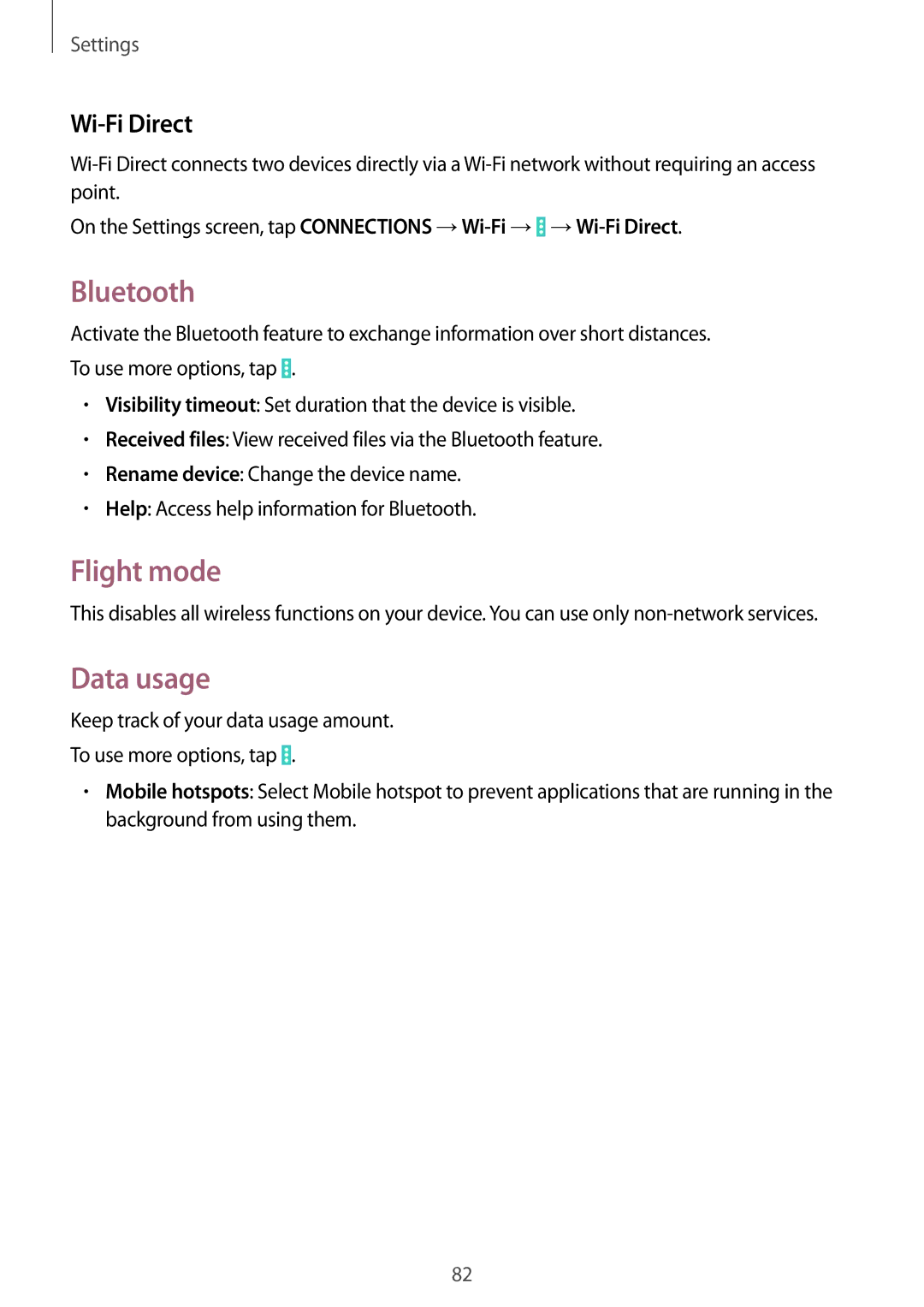 Samsung SM-T530NYKEDBT, SM-T530NYKATPH, SM-T530NZWATPH, SM-T530NZWEDBT manual Bluetooth, Flight mode, Data usage, Wi-Fi Direct 