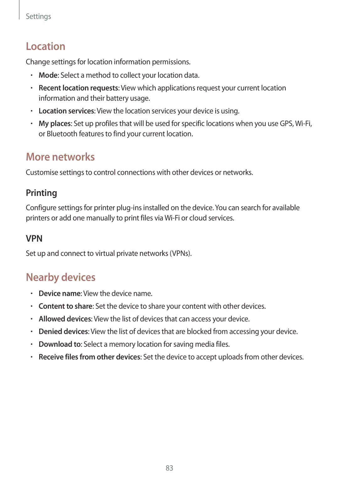 Samsung SM-T530NYKADBT, SM-T530NYKATPH, SM-T530NZWATPH, SM-T530NZWEDBT Location, More networks, Nearby devices, Printing 