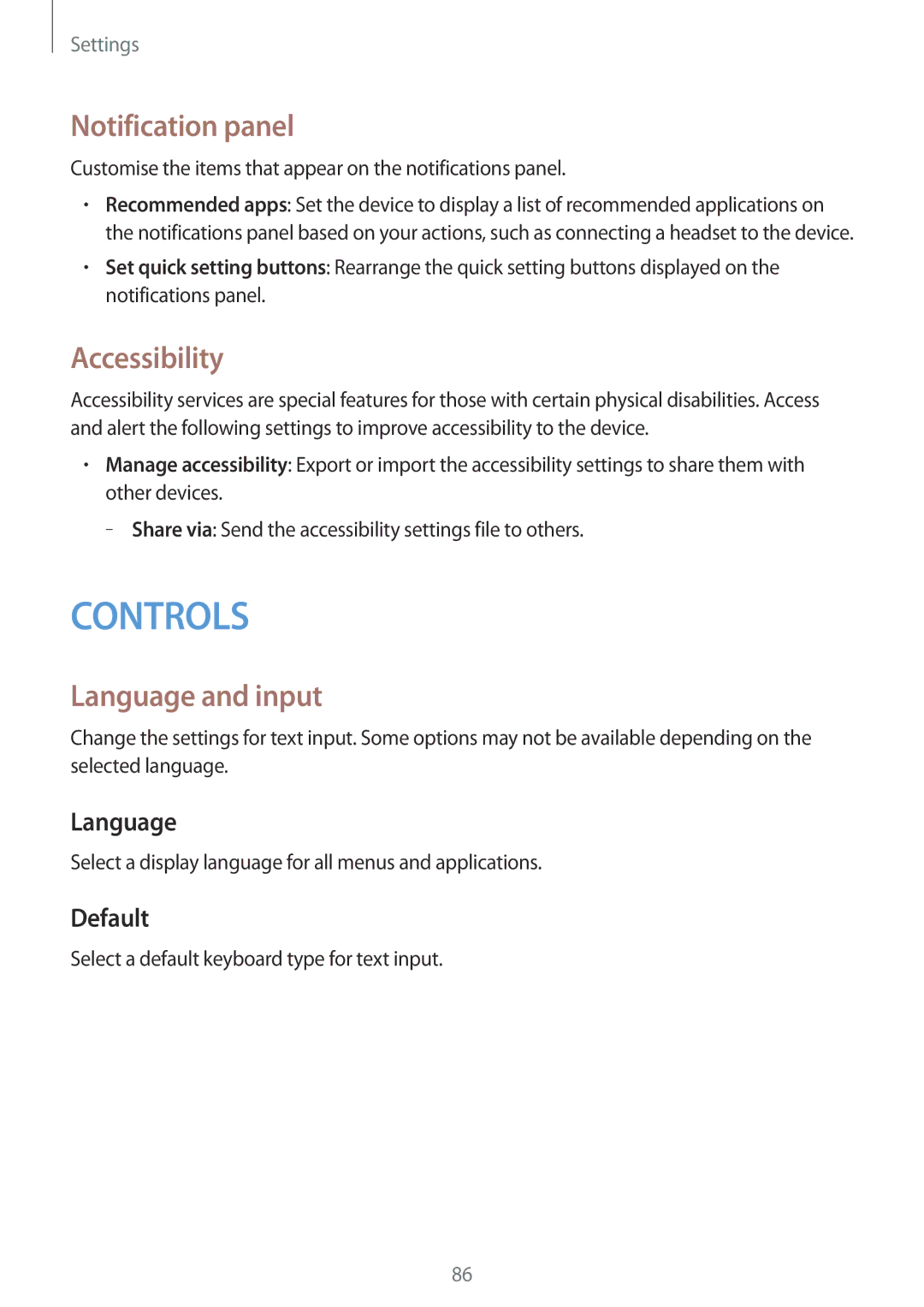 Samsung SM-T530NZWASEB, SM-T530NYKATPH, SM-T530NZWATPH manual Notification panel, Accessibility, Language and input, Default 