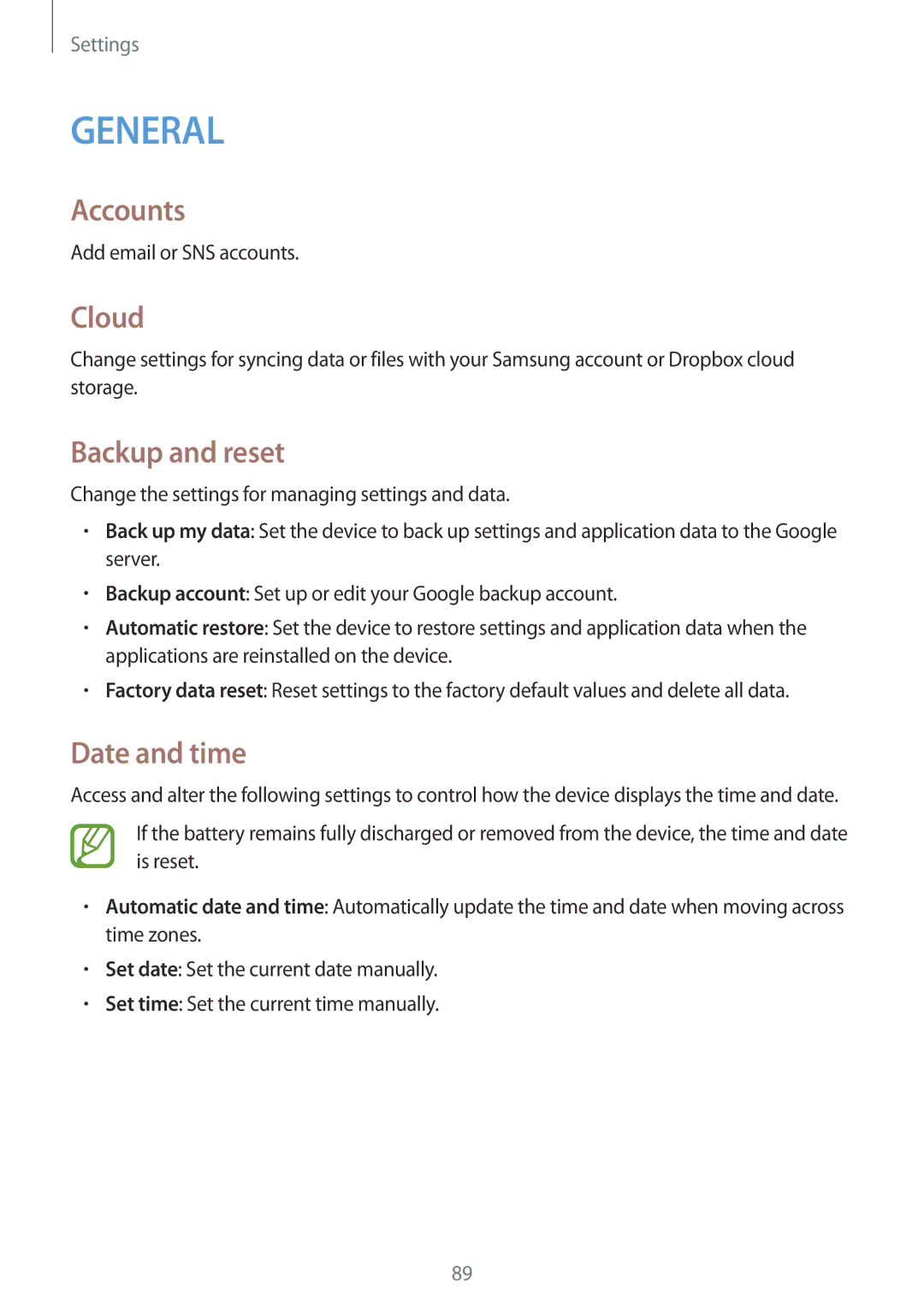 Samsung SM-T530NYKAATO, SM-T530NYKATPH, SM-T530NZWATPH, SM-T530NZWEDBT manual Accounts, Cloud, Backup and reset, Date and time 