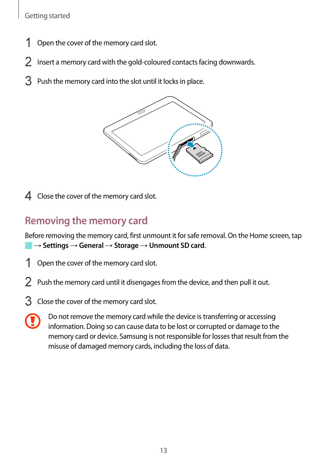 Samsung SM-T530NZWATUR, SM-T530NYKATPH manual Removing the memory card, →Settings →General →Storage →Unmount SD card 