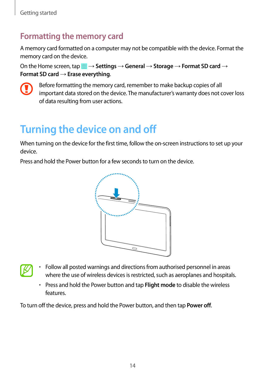 Samsung SM-T530NZWADBT, SM-T530NYKATPH, SM-T530NZWATPH manual Turning the device on and off, Formatting the memory card 