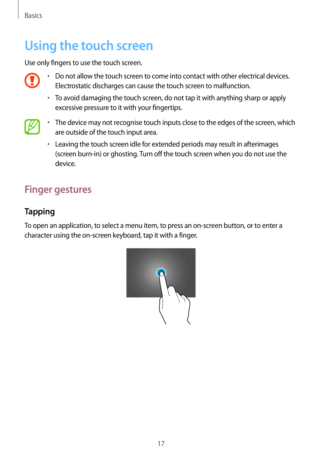 Samsung SM-T530NYKAXEF, SM-T530NYKATPH, SM-T530NZWATPH, SM-T530NZWEDBT manual Using the touch screen, Finger gestures, Tapping 