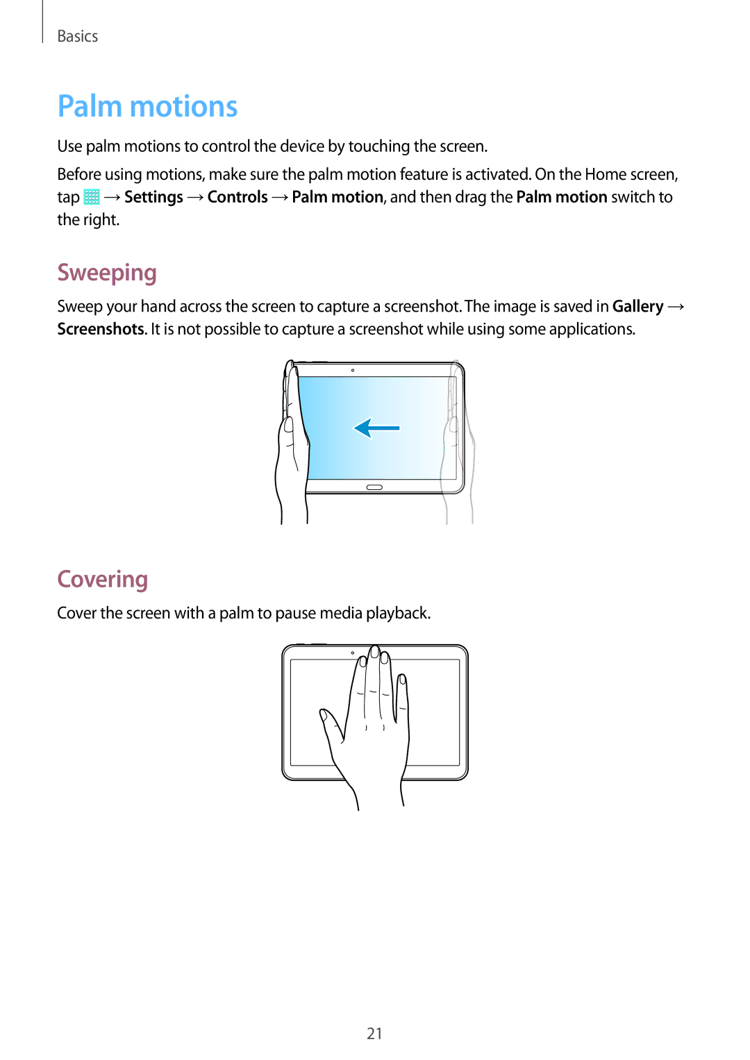 Samsung SM-T530NZWAAUT, SM-T530NYKATPH, SM-T530NZWATPH, SM-T530NZWEDBT, SM-T530NZWAATO manual Palm motions, Sweeping, Covering 