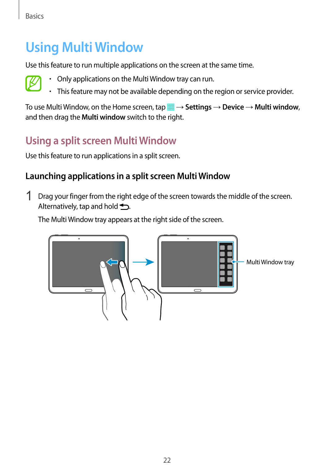 Samsung SM-T530NZWABTU, SM-T530NYKATPH, SM-T530NZWATPH, SM-T530NZWEDBT Using Multi Window, Using a split screen Multi Window 