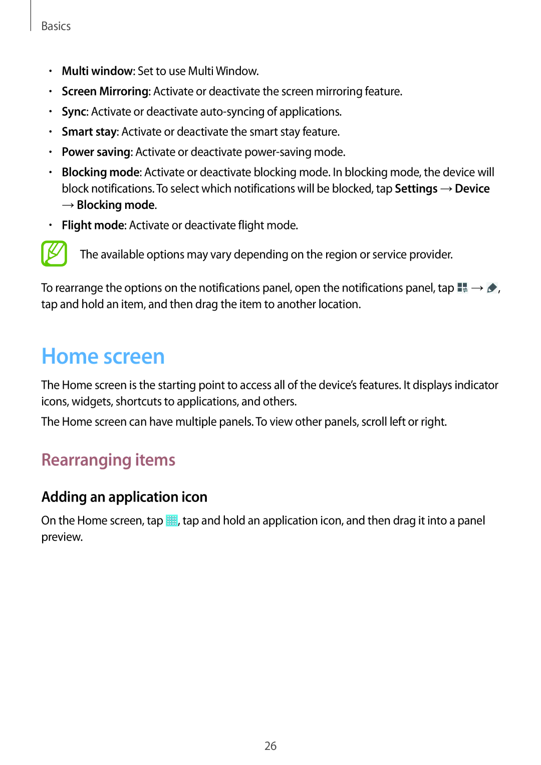 Samsung SM-T530NZWAXEZ, SM-T530NYKATPH manual Home screen, Rearranging items, Adding an application icon, →Blocking mode 