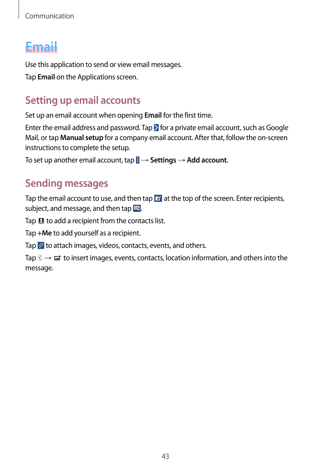 Samsung SM-T530NZWEDBT, SM-T530NYKATPH, SM-T530NZWATPH, SM-T530NZWAATO manual Setting up email accounts, Sending messages 