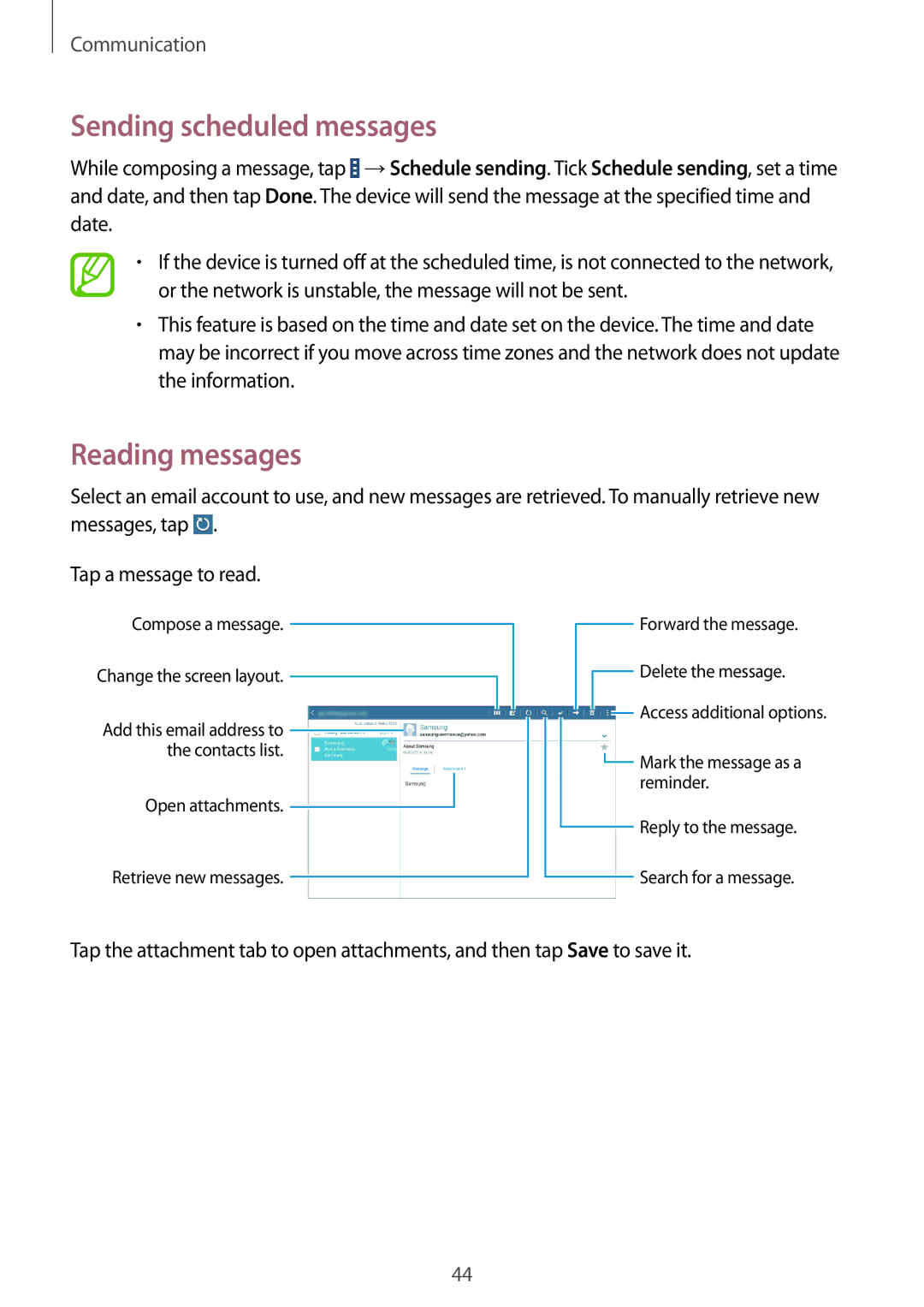 Samsung SM-T530NZWAATO, SM-T530NYKATPH, SM-T530NZWATPH, SM-T530NZWEDBT manual Sending scheduled messages, Reading messages 