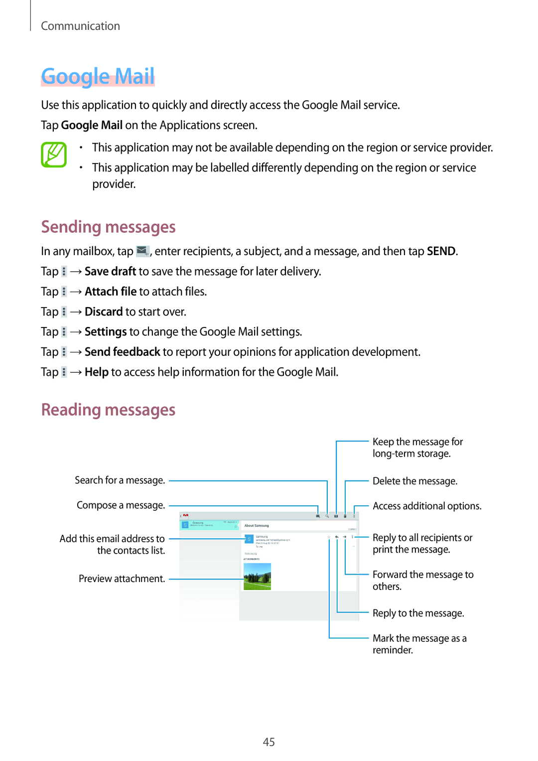 Samsung SM-T530NYKEDBT, SM-T530NYKATPH, SM-T530NZWATPH, SM-T530NZWEDBT Tap →Settings to change the Google Mail settings 