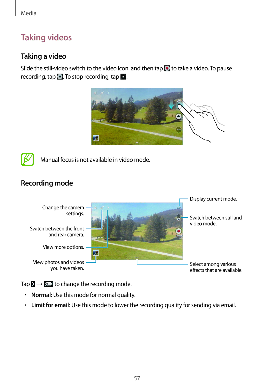 Samsung SM-T530NZWAXEF, SM-T530NYKATPH, SM-T530NZWATPH, SM-T530NZWEDBT manual Taking videos, Taking a video, Recording mode 