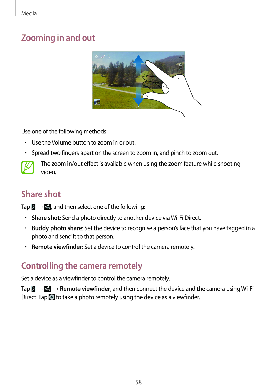 Samsung SM-T530NYKAXEF, SM-T530NYKATPH, SM-T530NZWATPH manual Zooming in and out, Share shot, Controlling the camera remotely 