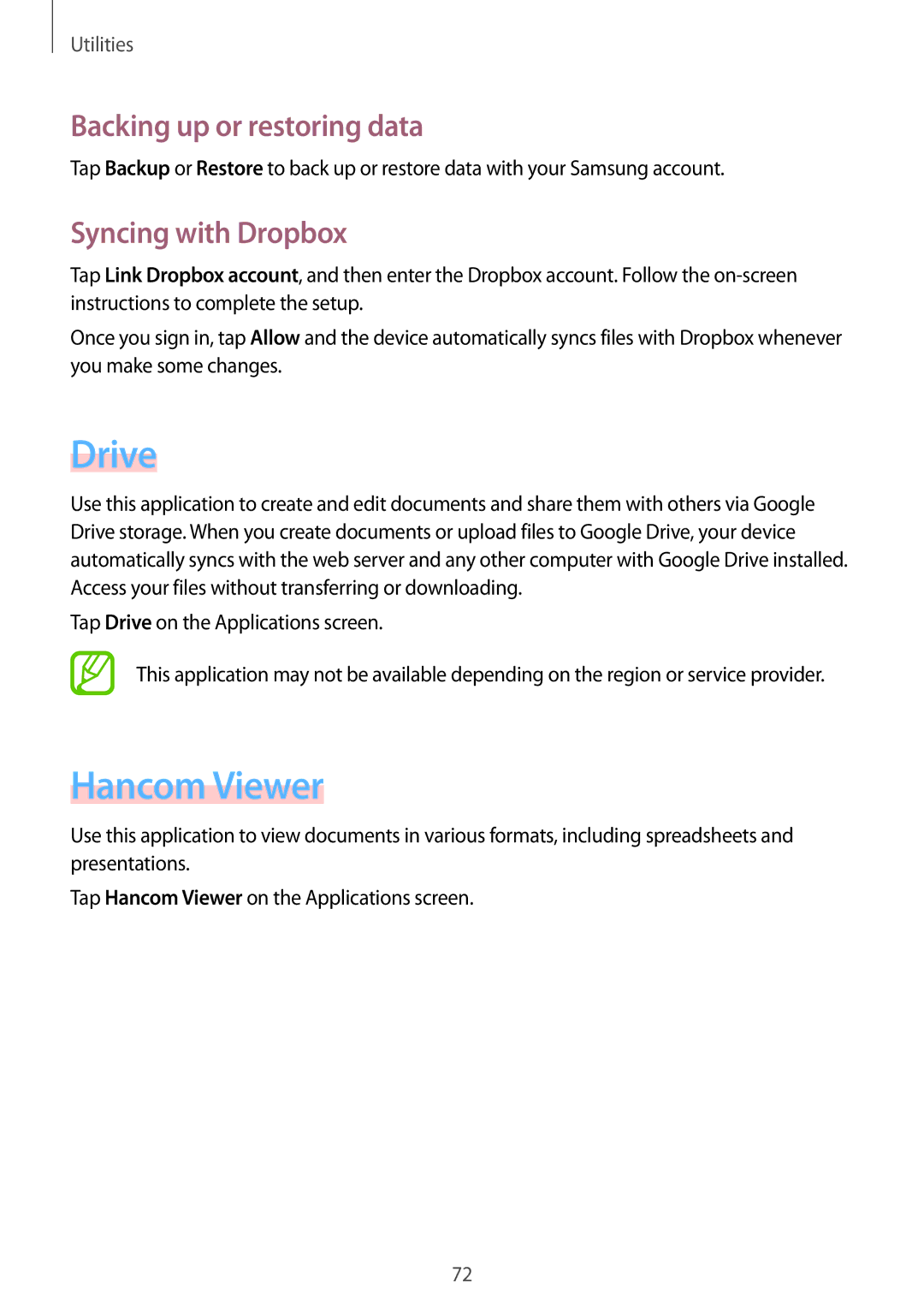 Samsung SM-T530NYKAXEH, SM-T530NYKATPH manual Drive, Hancom Viewer, Backing up or restoring data, Syncing with Dropbox 