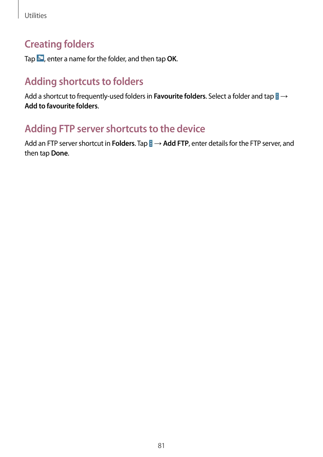 Samsung SM-T530NZWASER manual Creating folders, Adding shortcuts to folders, Adding FTP server shortcuts to the device 